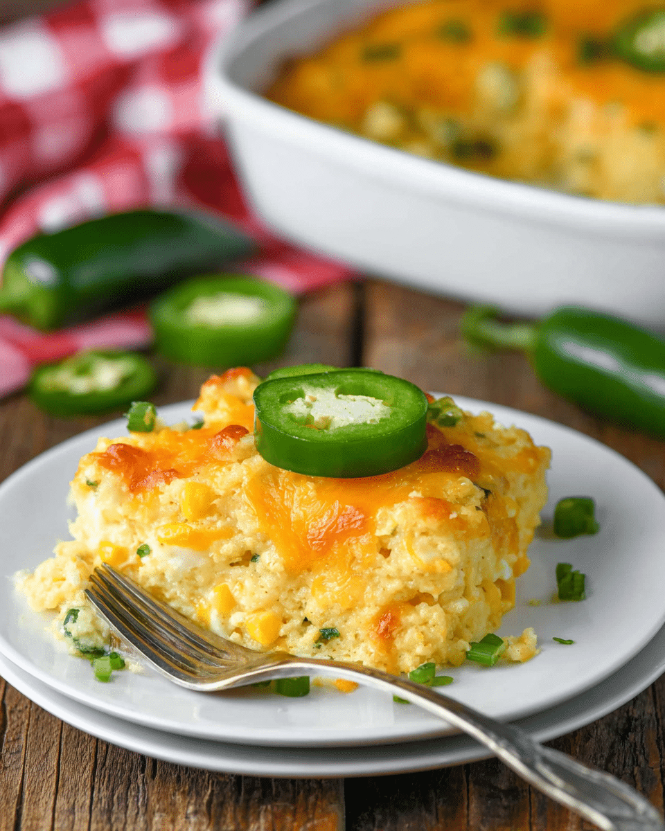 A white plate with a serving of a layered corn casserole, where the top layer is golden brown melted cheese with melted orange and white cheese underneath. The casserole base is yellow with visible corn kernels and small green herbs mixed in. On top of the serving, there is a thick, round slice of green jalapeño pepper with lighter green seeds inside, and small bits of green onions scattered around. A silver fork with slightly worn tines rests on the edge of the plate. The plate sits on a rustic wooden table, and in the background, there is a white casserole dish filled with more of the same dish, along with some fresh whole and sliced green jalapeños. A red and white checkered cloth is visible in the lower left corner. The photo taken with an iphone --ar 4:5 --v 7