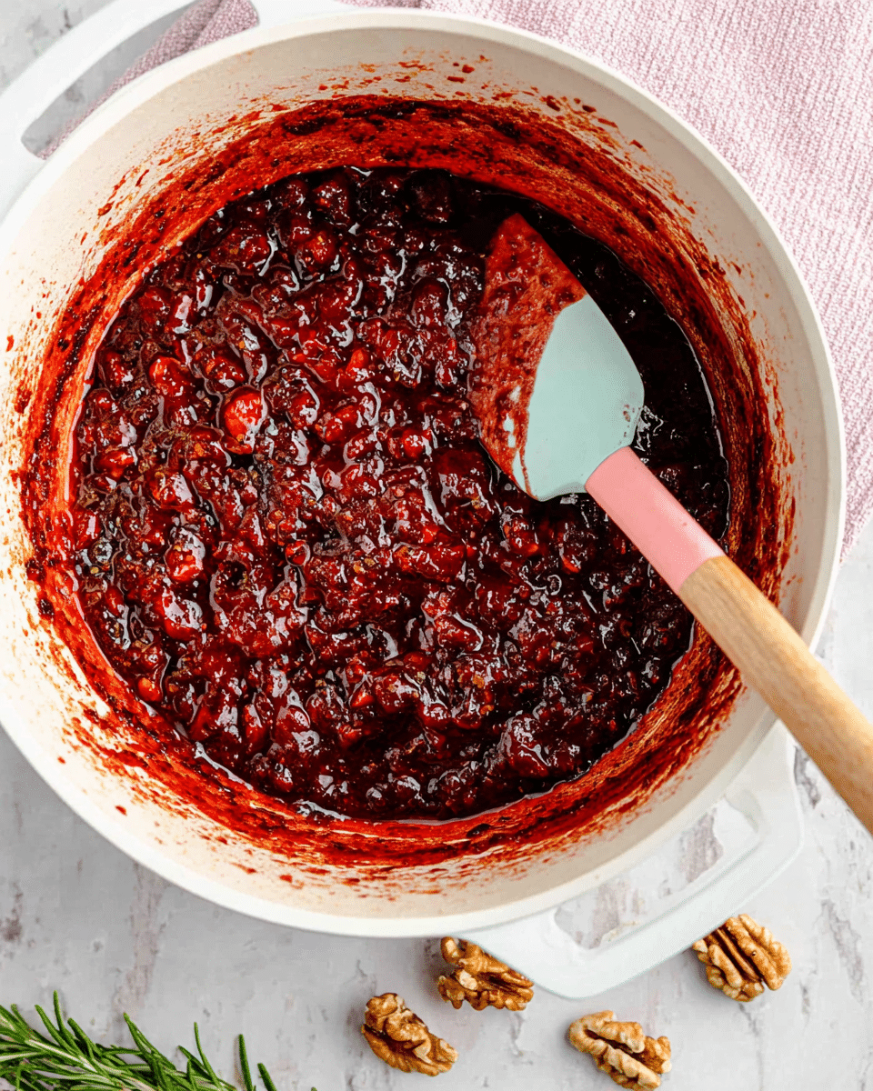 A white pot filled with a chunky, glossy dark red sauce that has visible pieces of fruit mixed in, giving it a thick and textured look. The inside edges of the pot are splattered with the sauce, showing it has been stirred. A light blue and pink spatula rests on the right side, partially covered in the sauce. The pot is set on a white marbled surface with a small rosemary sprig and a couple of walnut pieces nearby. Photo taken with an iphone --ar 4:5 --v 7