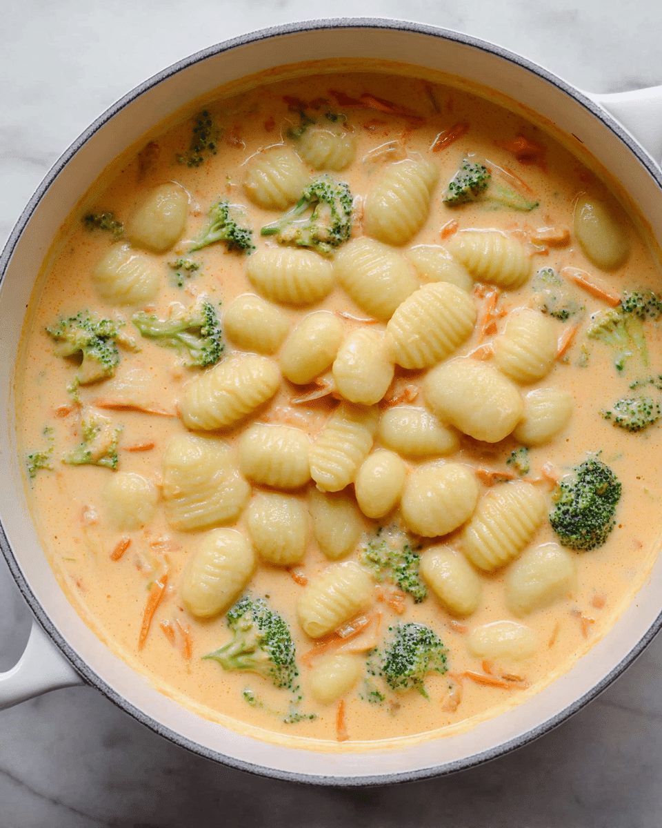 A white pot filled with creamy, light orange sauce that has small green broccoli pieces and thin orange carrot strips mixed throughout; there are small, round, ridged pale yellow gnocchi pieces placed on top of the sauce in the middle of the pot, all sitting on a white marbled surface photo taken with an iphone --ar 4:5 --v 7