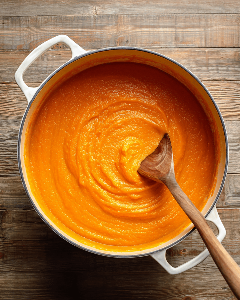 A white pot filled with thick, smooth, bright orange puree that looks creamy and warm. A wooden spoon with a light brown handle is stirring in the center, leaving a swirl pattern on the surface. The pot's handle is white and metallic, resting on a wooden table with a rustic look. The orange puree covers the whole inside of the pot, with slight splashes on the edges. Photo taken with an iphone --ar 4:5 --v 7