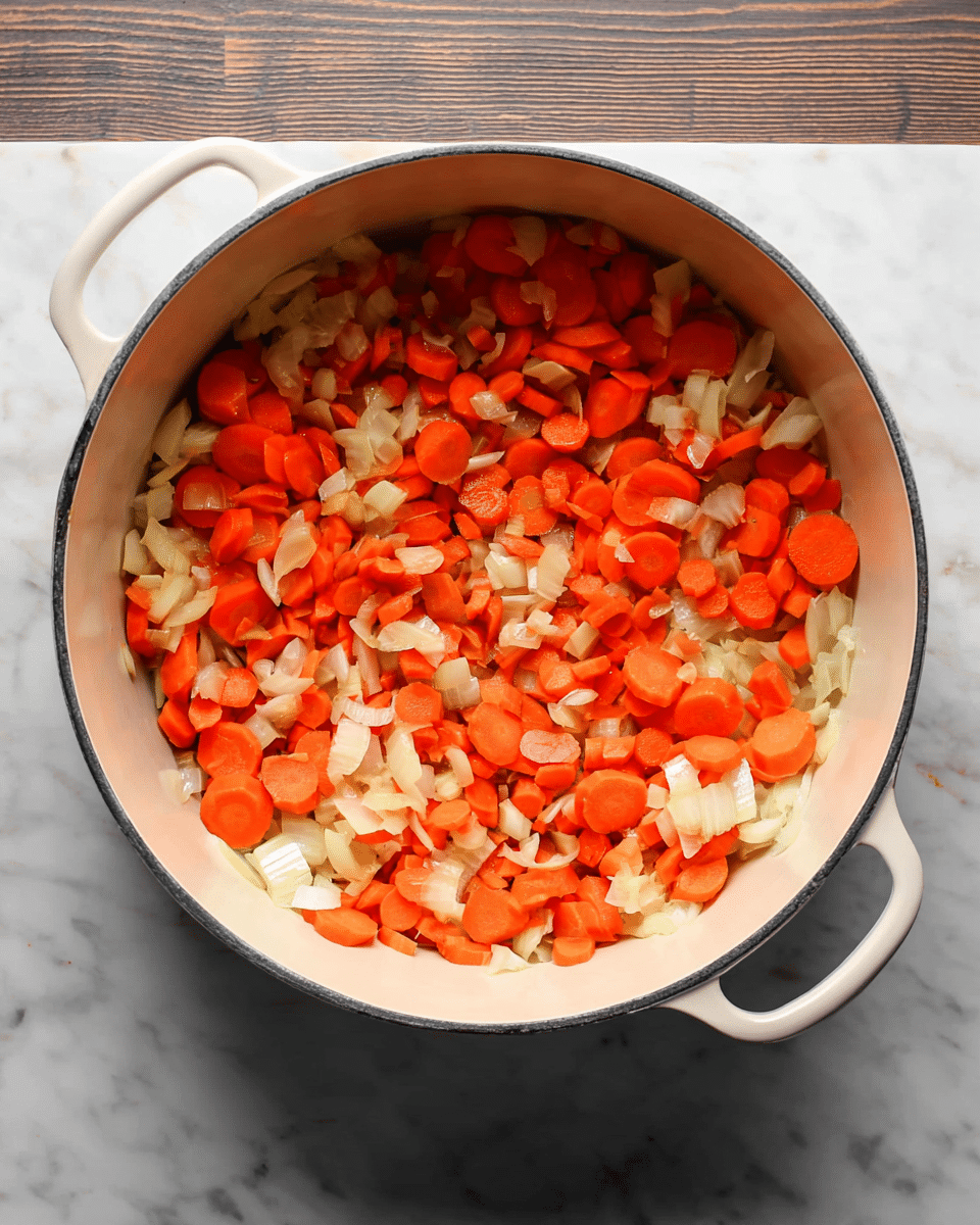 A white pot filled with two layers of chopped vegetables: the bottom layer is light-colored onion pieces, and the top layer consists of bright orange carrot slices, all mixed together. The pot is placed on a white marbled surface, and the pot handle is visible on the right side. The image is taken from above, showing the colors and textures of the vegetables clearly. photo taken with an iphone --ar 4:5 --v 7
