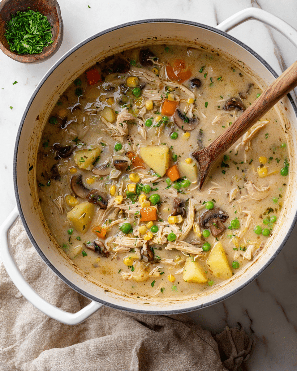 A white pot full of thick soup showing several layers: the top layer is creamy light beige broth with visible pieces of dark brown mushrooms, shredded light tan chicken, and chunks of yellow potatoes. Mixed throughout are bright green peas and beans, orange carrot cubes, and small yellow corn kernels. A wooden spoon rests in the pot on the right side, partially submerged in the soup. The pot sits on a white marbled surface with a beige cloth nearby and a small brown bowl with chopped green herbs in the top left corner. Photo taken with an iphone --ar 4:5 --v 7
