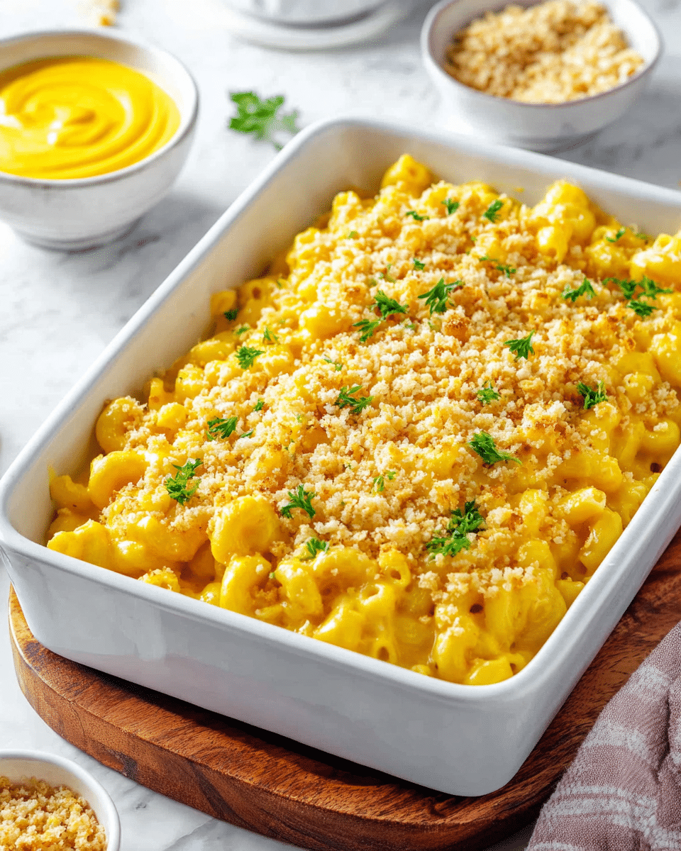 A white rectangular baking dish filled with a creamy yellow macaroni and cheese topped with golden crunchy crumbs and small green parsley leaves scattered on top. The macaroni has a smooth, cheesy texture with a bright yellow color beneath the crumb layer. The dish is on a wooden round board, placed on a white marbled surface. Nearby, there is a white bowl of yellow cheese sauce and a white bowl with light brown crumbs causing a cozy kitchen feel. The scene is brightly lit, emphasizing the dish's rich texture and vibrant colors photo taken with an iphone --ar 4:5 --v 7