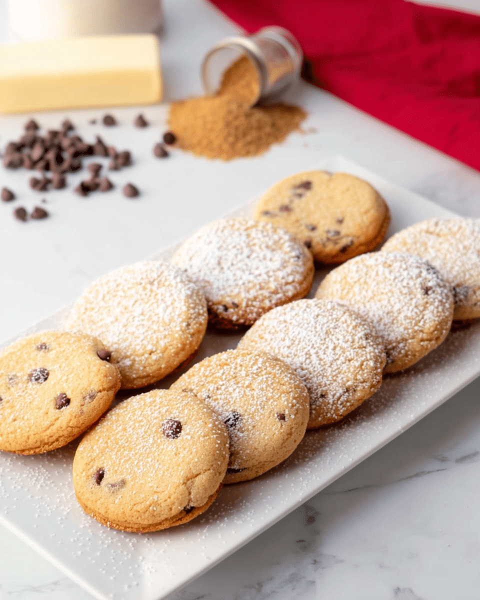 A white rectangular plate holds ten round chocolate chip cookies arranged in a loose grid with some dusted in white powdered sugar and others left plain, showing a golden brown color with visible chocolate chips. The cookies have a slightly bumpy texture and soft edges, with the powdered sugar adding a fine, powdery layer mainly on the top surface of some cookies. In the background on a white marbled surface, there is a stick of butter, some scattered chocolate chips, a container of brown sugar, and a red cloth partially visible. The scene is softly lit, enhancing the warm tones of the cookies and the clean white background. photo taken with an iphone --ar 4:5 --v 7