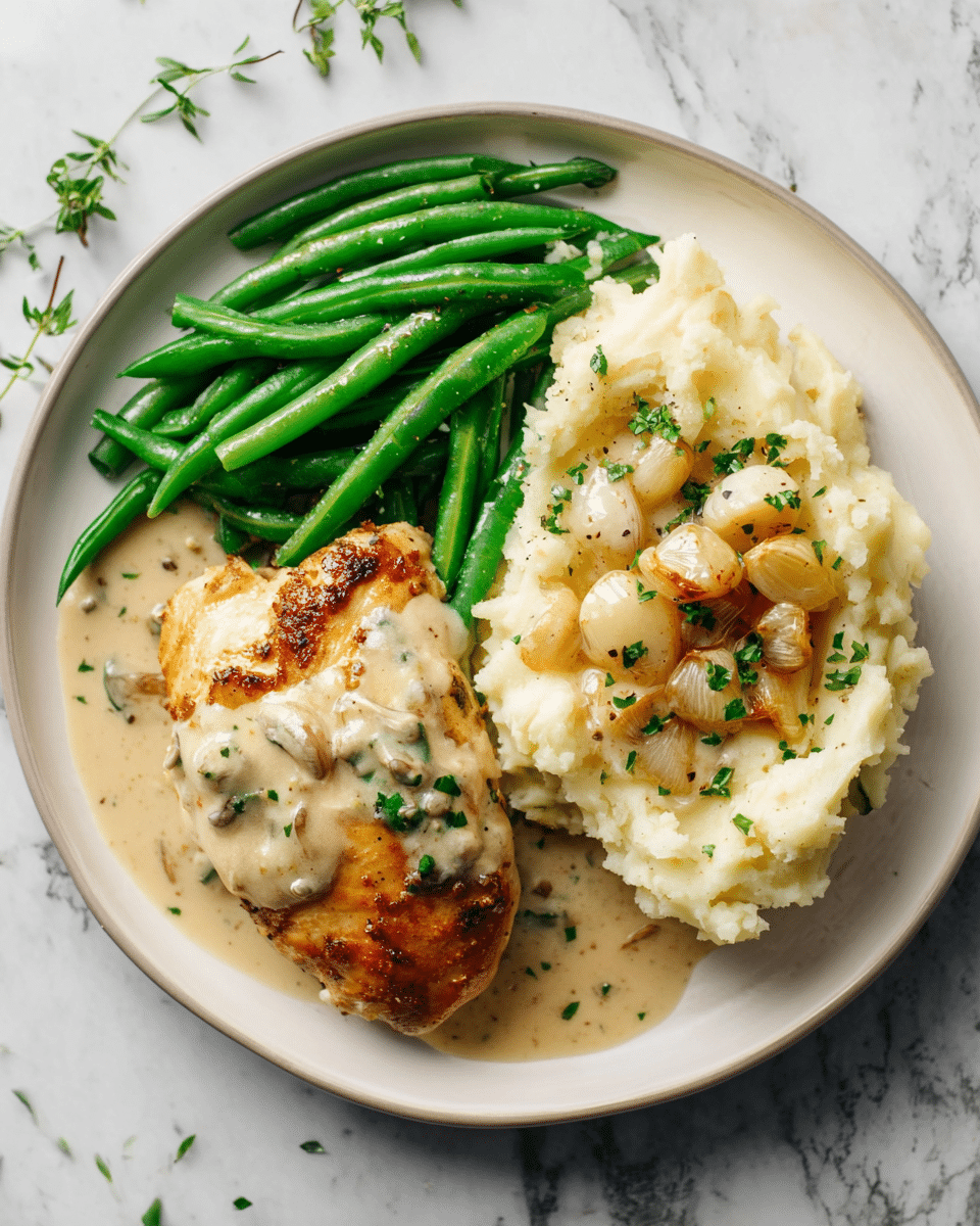 A white round plate holds a dish with three main parts: on the left, bright green beans topped with a light creamy sauce; in the middle, a golden-brown cooked chicken piece covered by a creamy sauce with small green herb bits; on the right, a mound of mashed potatoes with some whole roasted garlic cloves and a light sauce matching the chicken's, sprinkled with chopped green herbs and a little black pepper. The plate sits on a white marbled surface with a few small green herb pieces scattered around. photo taken with an iphone --ar 4:5 --v 7