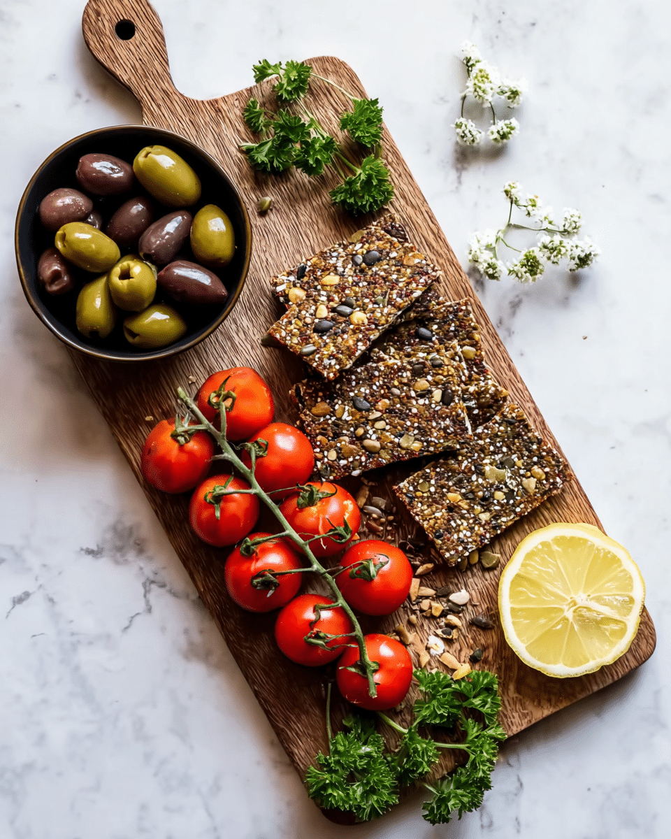 A wooden cutting board lies on a white marbled surface, holding a colorful arrangement of food. On the left side, a small black bowl contains a mix of green, brown, and purple olives. Below the bowl, a vine of bright red tomatoes with green stems stretches diagonally across the board. To the right of the tomatoes, there are several rectangular seed crackers layered with visible pumpkin seeds, flax seeds, and sunflower seeds, showing a crunchy texture. Near the top right corner of the board, a thin lemon slice and fresh green parsley leaves add fresh color, with small white flowers scattered around as decoration. photo taken with an iphone --ar 4:5 --v 7