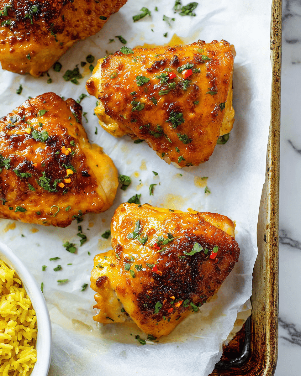 Four pieces of baked chicken thighs with golden orange, crispy skin and some dark browned spots on top, sprinkled with small chopped green herbs and tiny red flakes. The chicken pieces are placed on white parchment paper over a metal baking tray with a slightly worn edge, all set against a white marbled surface. Part of a white bowl with cooked yellow rice is partially visible in the lower left corner. photo taken with an iphone --ar 4:5 --v 7