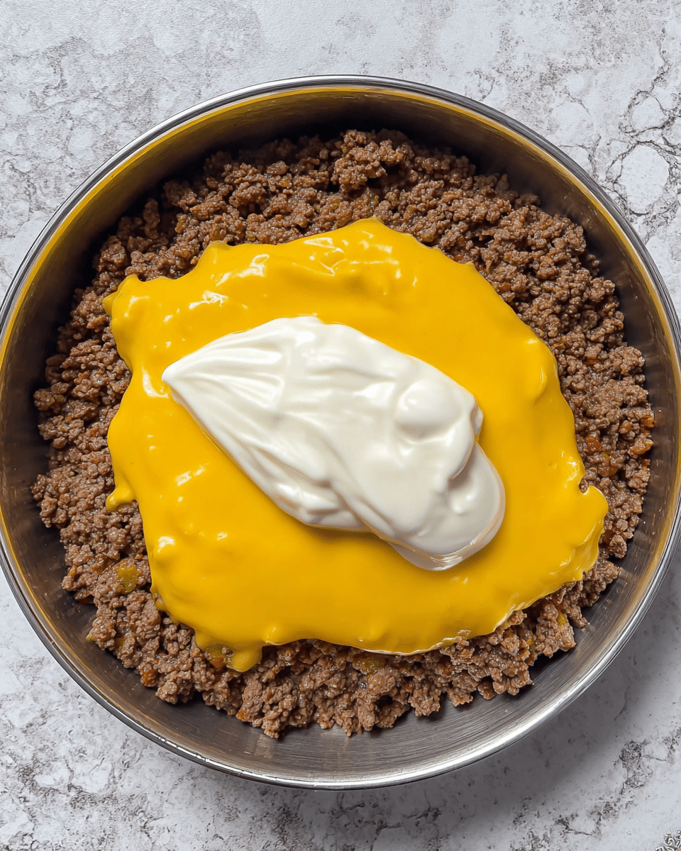 In a round pan, there is one thick bottom layer of cooked ground meat, brown and crumbly in texture. On top of the meat, there is a thick layer of bright yellow cheese sauce, smooth and shiny, covering the center area. On the cheese sauce, there is a dollop of white sour cream, creamy and soft with gentle swirls. The pan is set on a white marbled surface. photo taken with an iphone --ar 4:5 --v 7