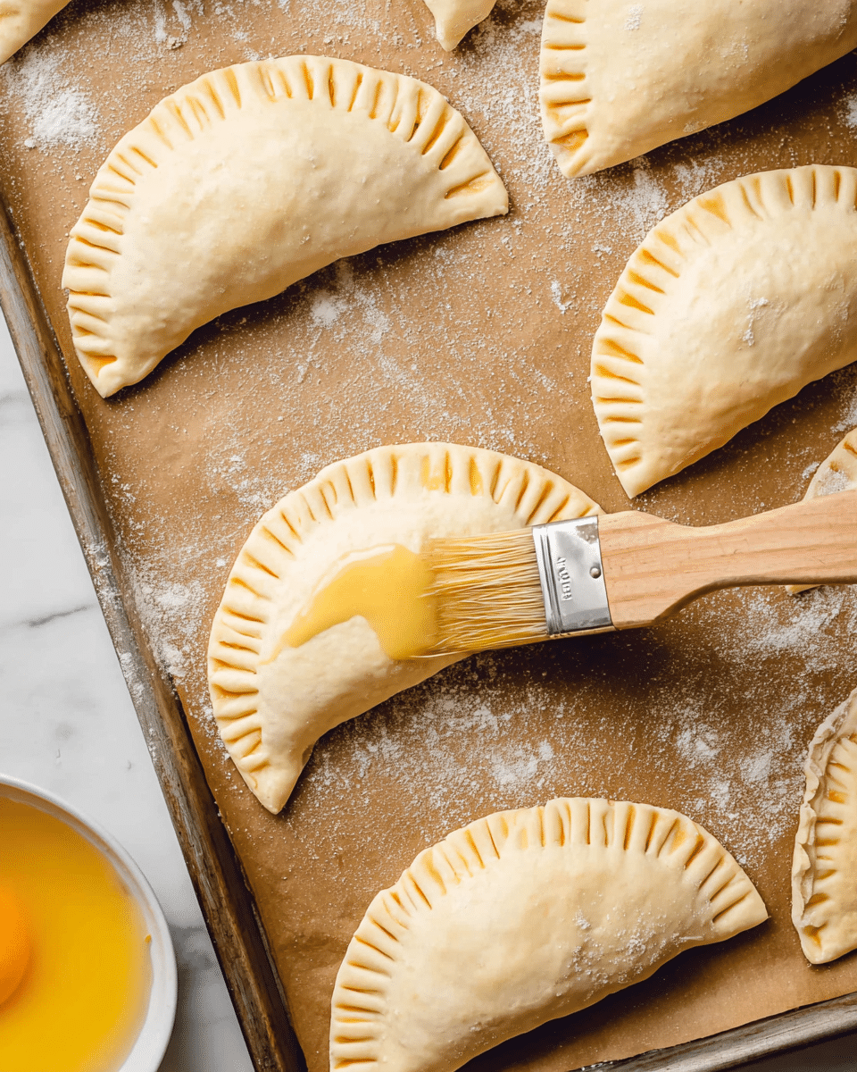 Several half-moon shaped dough pockets are arranged on a baking tray lined with brown parchment paper, each pocket sealed with fork-pressed edges creating a ridged pattern. The dough is pale beige with some areas dusted lightly with flour. In the lower part of the image, a wooden brush is applying a shiny yellow egg wash to one dough pocket, adding a glossy texture. The tray rests on a white marbled surface, and a white bowl with beaten egg is partially visible on the lower left corner. photo taken with an iphone --ar 4:5 --v 7
