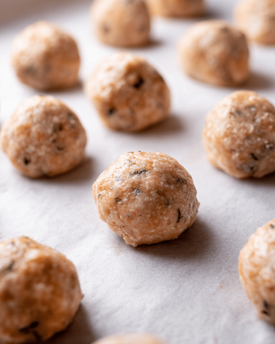 Several raw meatballs sit on white parchment paper on a white marbled surface, spaced evenly apart. Each meatball is round with a light beige color mixed with flecks of green herbs, showing a slightly uneven, soft texture. The image focuses closely on the front meatballs while others blur softly toward the back, creating depth. Photo taken with an iphone --ar 4:5 --v 7