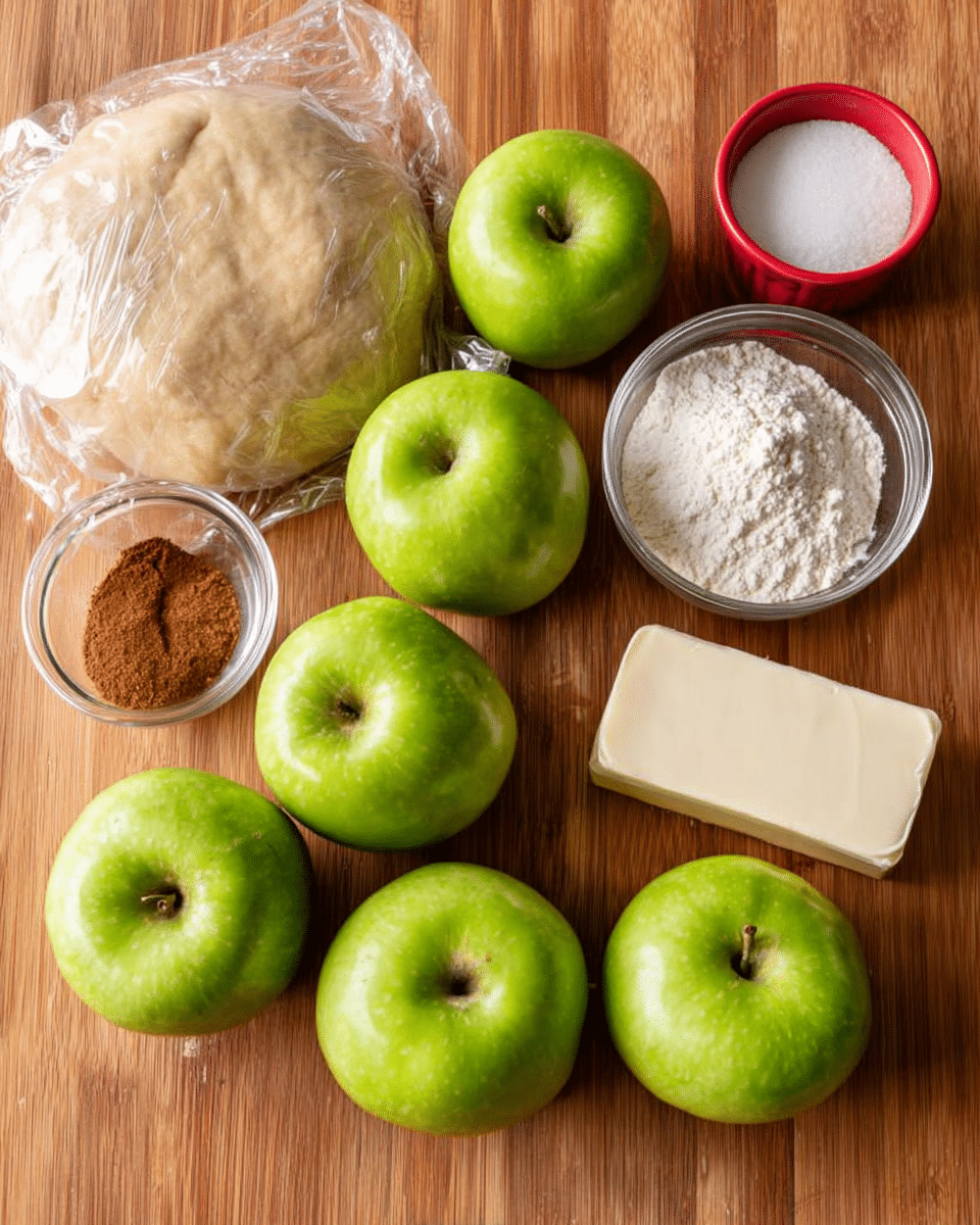 Six green apples are placed together on a wooden table, showing their smooth, shiny skin with brown stems. Next to them, there is a round ball of dough wrapped in clear plastic wrap, light beige in color and soft in texture. Around the dough, several small glass bowls hold white flour, cinnamon powder, and a clear liquid. A white rectangular stick of butter is set near the dough, and a red cup filled with white sugar sits nearby. The whole scene is arranged neatly with the ingredients spaced out on the wooden surface. photo taken with an iphone --ar 4:5 --v 7