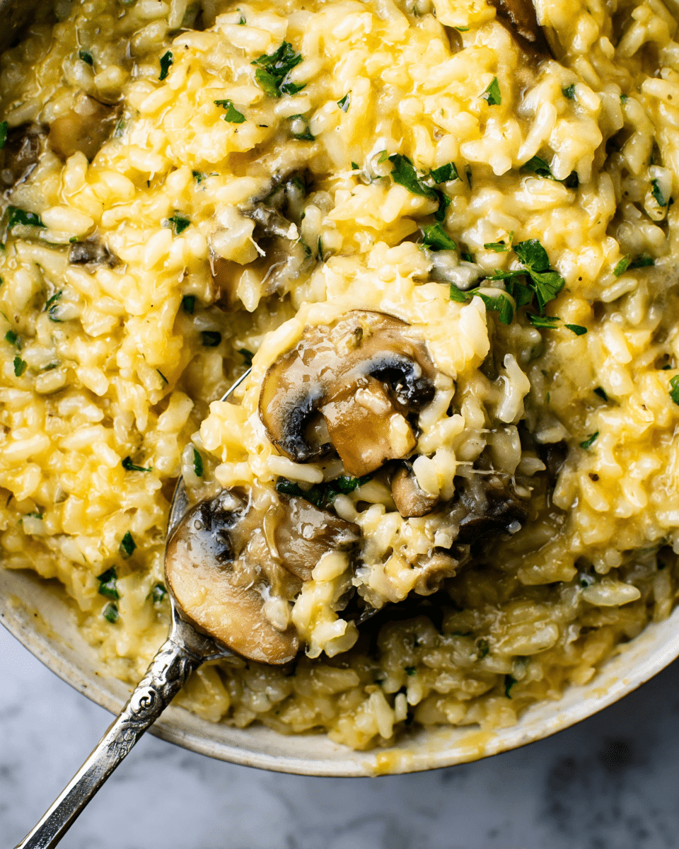 The dish is creamy mushroom risotto with a thick texture, showing three main layers; the base layer is soft, yellowish risotto rice densely packed with visible slices of brown mushrooms scattered throughout, the middle layer includes small bits of green herbs adding specks of color, and the top layer features a shiny, smooth coating of melted cheese glistening under light. A silver spoon is partially lifted from the risotto, carrying some mushrooms and rice, all set against a white marbled texture background. photo taken with an iphone --ar 4:5 --v 7