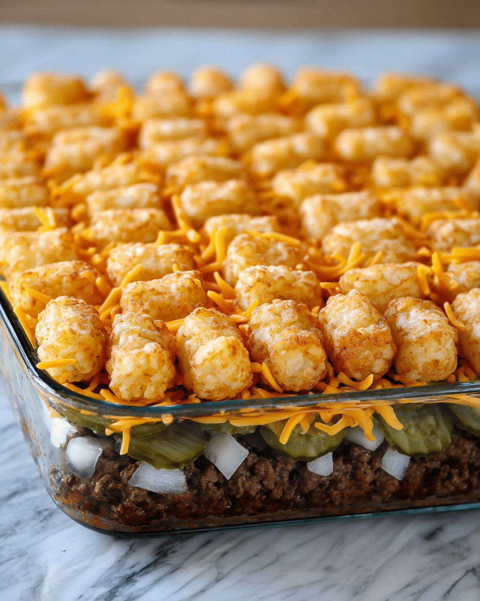 The dish is shown in a clear glass square pan with multiple visible layers. The bottom layer is dark brown cooked ground meat mixed with bits of white onion. Above that is a thick layer of bright orange shredded cheddar cheese sprinkled over green sliced pickles. The top layer consists of evenly placed, golden brown tater tots with a light dusting of frost, arranged in neat rows covering the entire surface. The dish is set on a white marbled surface. photo taken with an iphone --ar 4:5 --v 7
