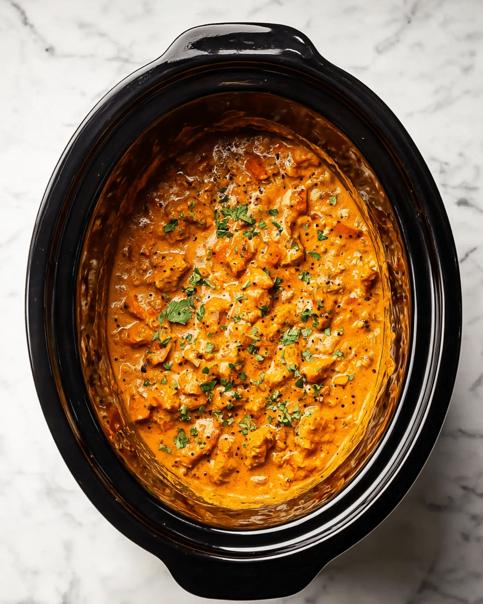 The image shows a black slow cooker filled with a thick orange stew that has a creamy texture. The stew contains visible chunks of soft vegetables and finely chopped herbs sprinkled on top, adding green spots throughout the dish. The surface of the stew also appears to have small brown specks, possibly spices, scattered over it. The slow cooker is placed on a white marbled surface, making the dish stand out clearly. photo taken with an iphone --ar 4:5 --v 7