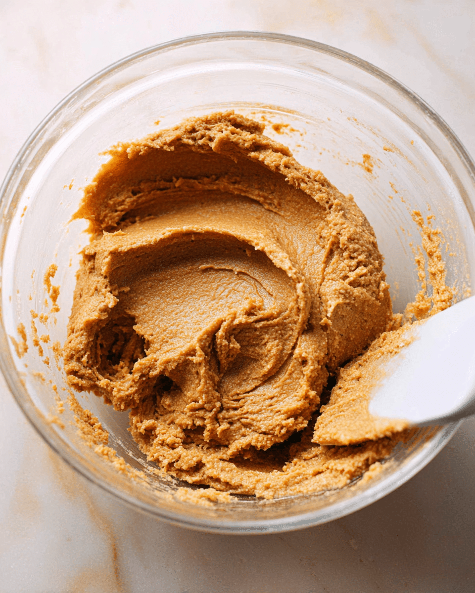 The image shows a clear glass bowl on a white marbled surface, filled with a thick, brown dough or batter with a slightly rough texture. The dough has been partially scooped out or stirred, leaving curved marks and uneven edges inside the bowl. A white spatula is partially visible at the bottom right, touching the dough. The overall color of the dough is a warm, light brown, and the background is softly blurred. Photo taken with an iphone --ar 4:5 --v 7