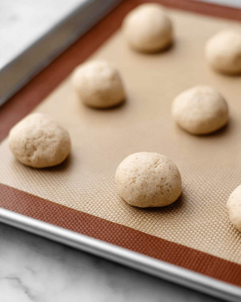 The image shows a close-up of a gray baking tray with a brown silicone mat lining the inside. On the mat, there are eight small, round dough balls that are light beige with a slightly smooth but uneven texture. The dough balls are spaced evenly across the tray, sitting firmly on the mat. The surface under the tray is a white marbled texture. Photo taken with an iphone --ar 4:5 --v 7