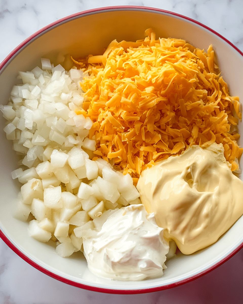The image shows a close-up of a large white bowl filled with five distinct layers of ingredients, each clearly separated. Starting from the top left, there is a layer of small white diced onions, next to it on the top right, a fluffy mound of shredded orange cheddar cheese. Below the onions on the lower left side, small white chunks, possibly potatoes or another vegetable, fill the space. On the lower right side, two creamy layers sit side by side; a dollop of smooth bright white sour cream and next to it, a thick pale yellow mayonnaise or mustard-like sauce. The bowl sits on a white marbled surface. photo taken with an iphone --ar 4:5 --v 7
