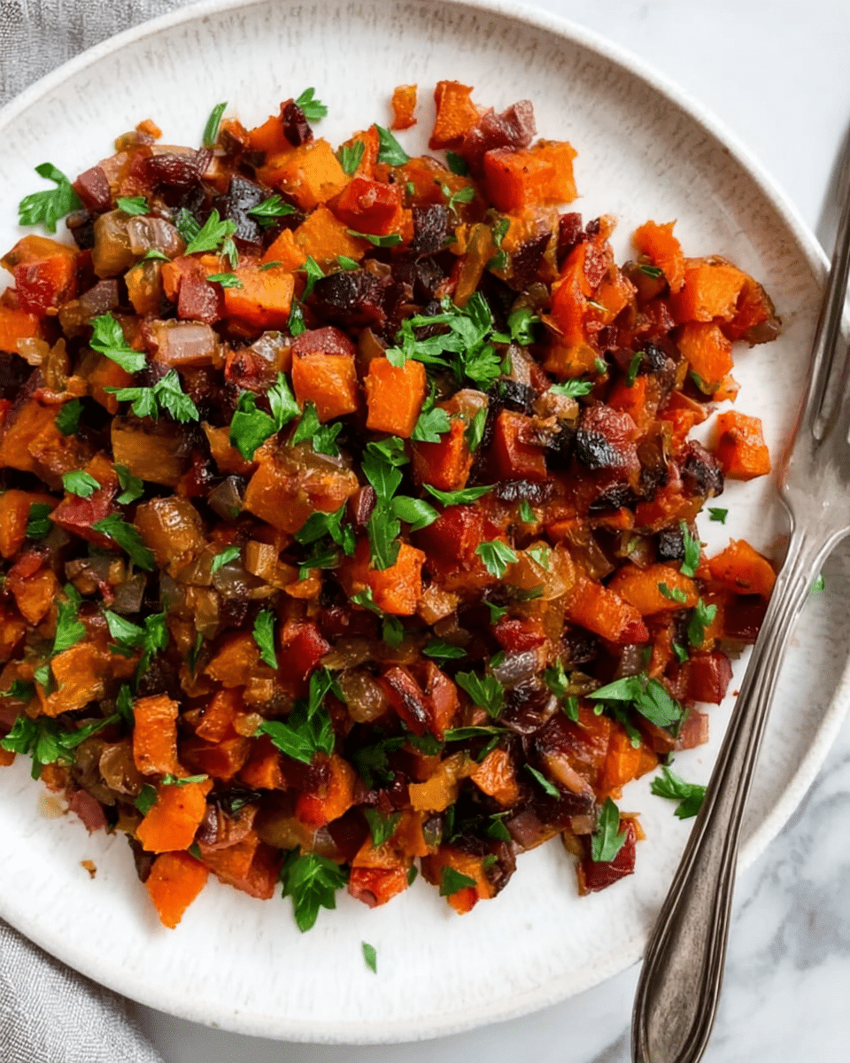 The image shows a close-up of a white plate with small, diced cooked vegetables in various warm colors including orange, dark red, and brown. The diced pieces are mixed together and topped with bright green parsley leaves scattered evenly over the dish. The plate is placed on a white marbled surface with a silver fork and knife partially visible to the right side. The overall look is colorful, rustic, and hearty with a textured, chunky mix of vegetables. photo taken with an iphone --ar 4:5 --v 7