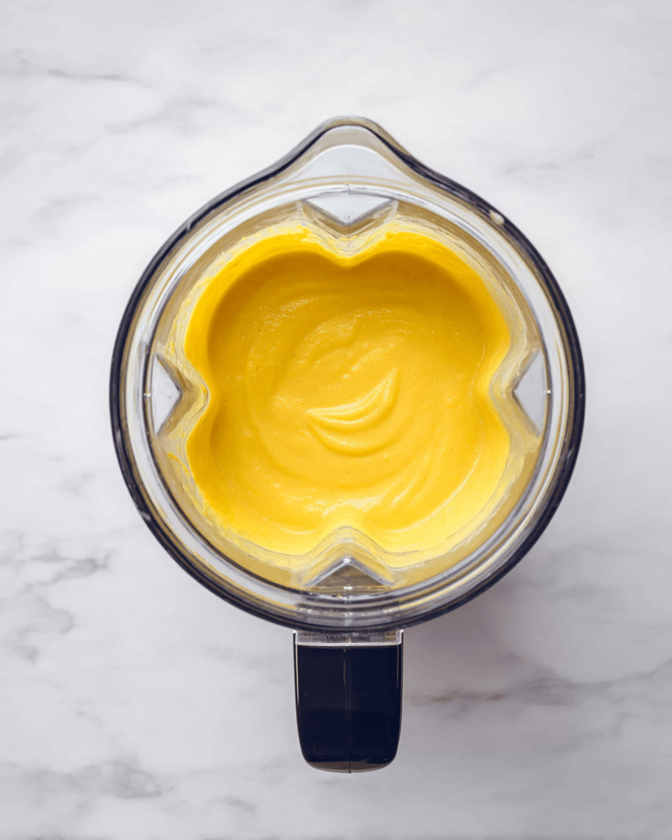 The image shows a glass blender container filled with a smooth, bright yellow mixture. The mixture has a creamy texture with slight swirls on the surface, indicating it has been recently blended. The blender has a clear glass body with a black handle and a spout. The container is placed on a white marbled surface, creating a clean and simple background. photo taken with an iphone --ar 4:5 --v 7