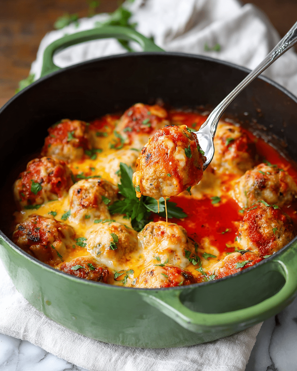 The image shows a green pot holding a dish with several round meatballs covered by bright red tomato sauce and topped with melted yellow cheese, sprinkled with small green herbs all over. A silver spoon is lifting one meatball, showing its soft texture and some sauce underneath. The pot sits on a white cloth on a white marbled surface, with a fresh green herb placed in the center for decoration. Photo taken with an iphone --ar 4:5 --v 7