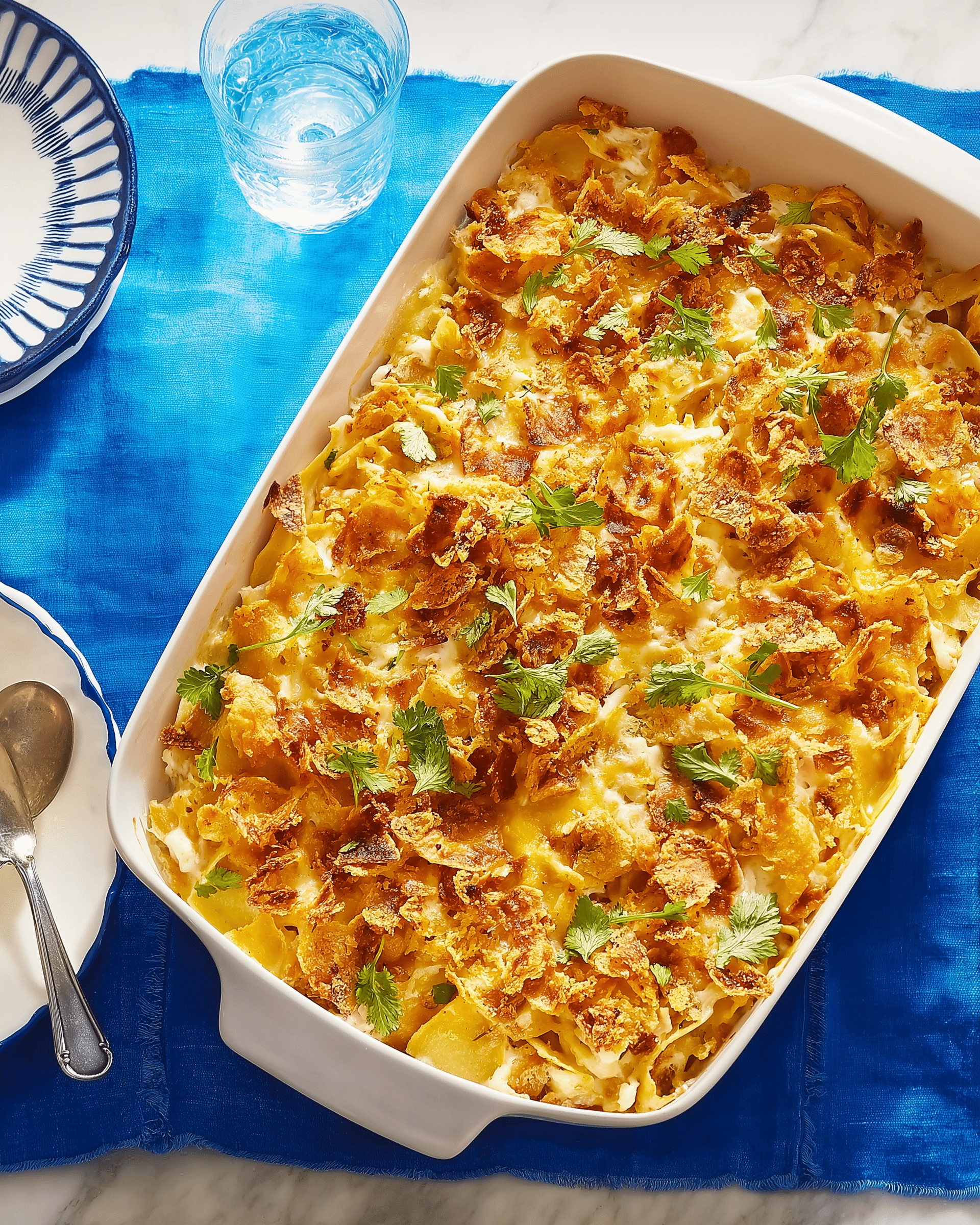 A close-up shot shows a slice of a baked dish on a white plate with a white marbled texture surface. The dish has three visible layers, starting with a base layer of cooked ground meat mixed with small bits of cooked potato, both light brown and beige in color. The middle layer features a lighter beige mix of cooked shredded potatoes or hash browns with small onion slices scattered throughout. The top layer is a bubbly, golden orange melted cheese crust with a few small bright green chopped scallions sprinkled on top. A silver fork rests on the plate near the slice, with a few scattered green scallion pieces nearby. Photo taken with an iphone --ar 4:5 --v 7