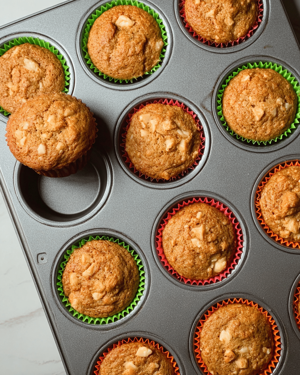 The image shows a metal muffin tray with twelve muffins arranged in four rows and three columns. Each muffin is baked in colorful paper liners—green, red, orange, and gray—filled almost to the top with a golden-brown batter that has visible chunks, giving the muffins a textured surface. One muffin is slightly tilted out of its slot, showing the liner and crumb texture on the side. The tray sits on a white marbled surface. photo taken with an iphone --ar 4:5 --v 7