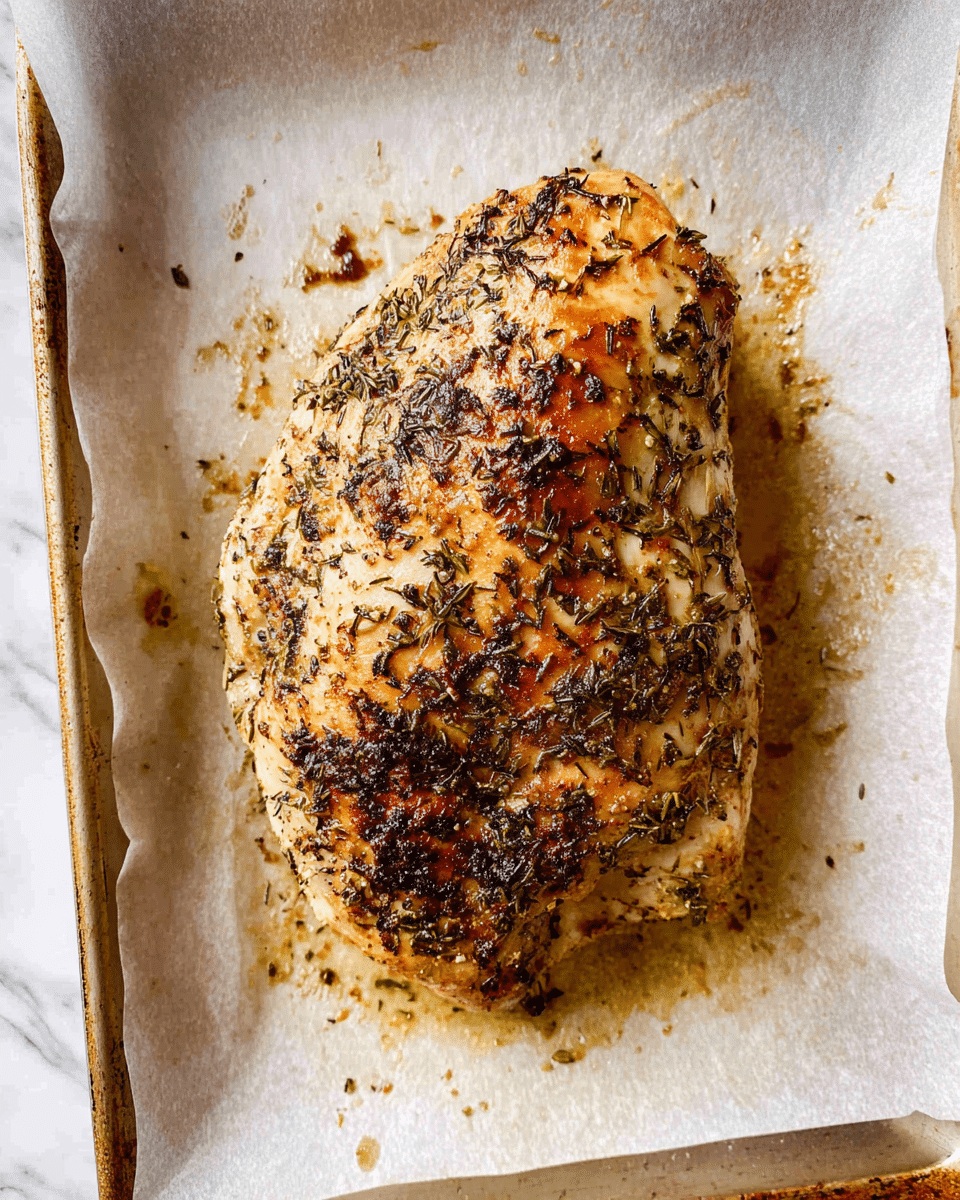The image shows a single large piece of cooked chicken with a golden brown and slightly charred crust, seasoned with visible dried herbs scattered unevenly across the surface. The chicken sits on a sheet of white parchment paper, which rests on a baking tray. The parchment paper has some browned oil spots and small baked-on bits around the chicken, adding texture to the scene. The overall colors are light golden, cream, and dark brown from the herbs and browning. The baking tray edges frame the chicken closely. The background beneath the tray is a white marbled texture. photo taken with an iphone --ar 4:5 --v 7