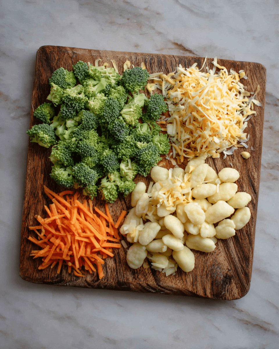 The image shows a small wooden board placed on a white marbled surface, filled with four types of chopped or shredded ingredients arranged in four sections: bright green broccoli florets on the left center, pale yellow gnocchi pieces on the right bottom, a pile of mixed shredded yellow and white cheese at the right top, and a small heap of thin orange carrot sticks on the white marbled surface to the bottom left of the board; the textures vary from soft and smooth gnocchi to fluffy cheese and crisp broccoli. Photo taken with an iphone --ar 4:5 --v 7