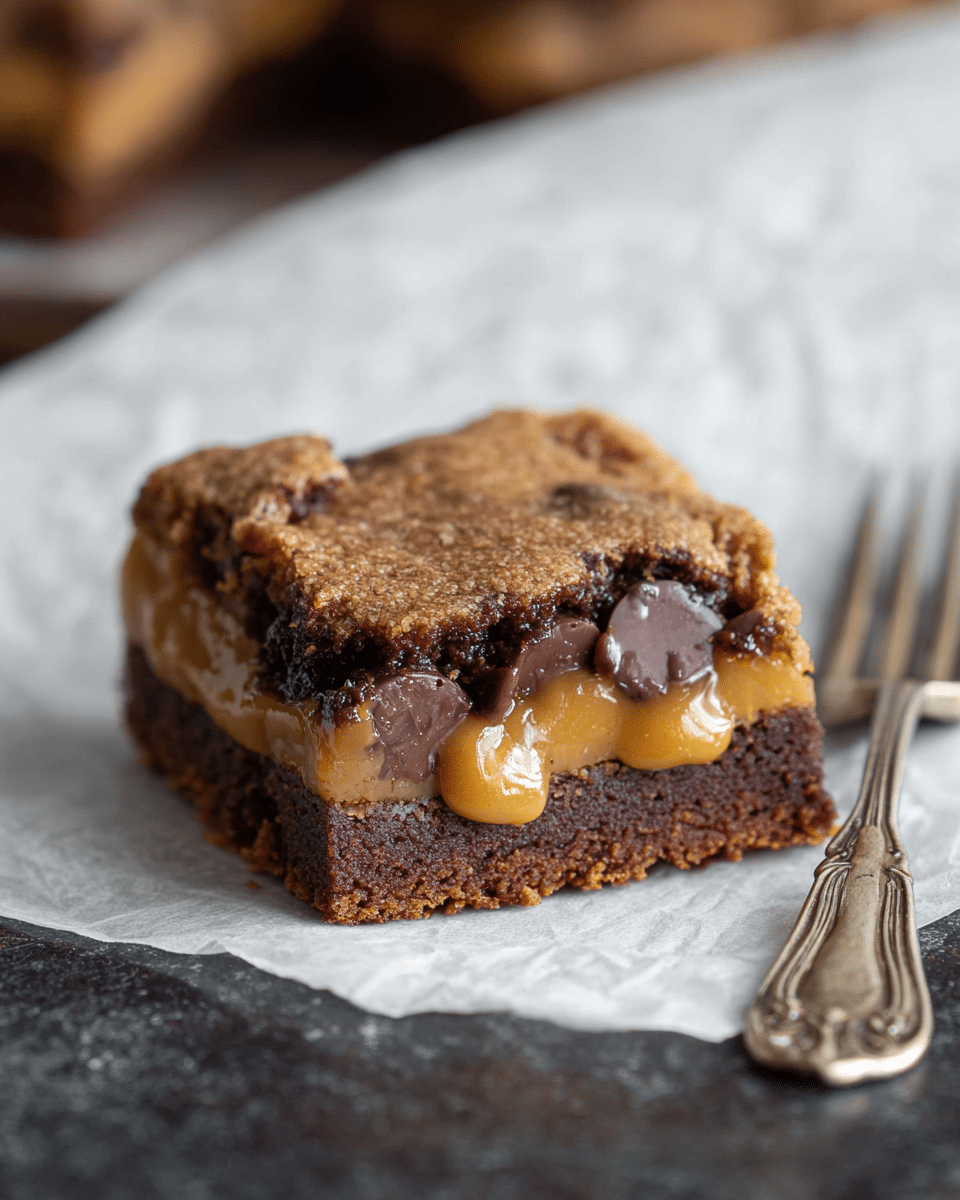 The image shows a thick square layered bar placed on white parchment paper over a dark surface. The bottom layer is a dense, slightly crumbly dark brown base, topped with a smooth golden caramel layer mixed with dark chocolate chips that are slightly melted. The top layer is a cracked, soft cookie-like brown crust with visible chocolate chunks. A small part of an ornate silver fork is visible on the right edge. The backdrop is a white marbled texture. photo taken with an iphone --ar 4:5 --v 7