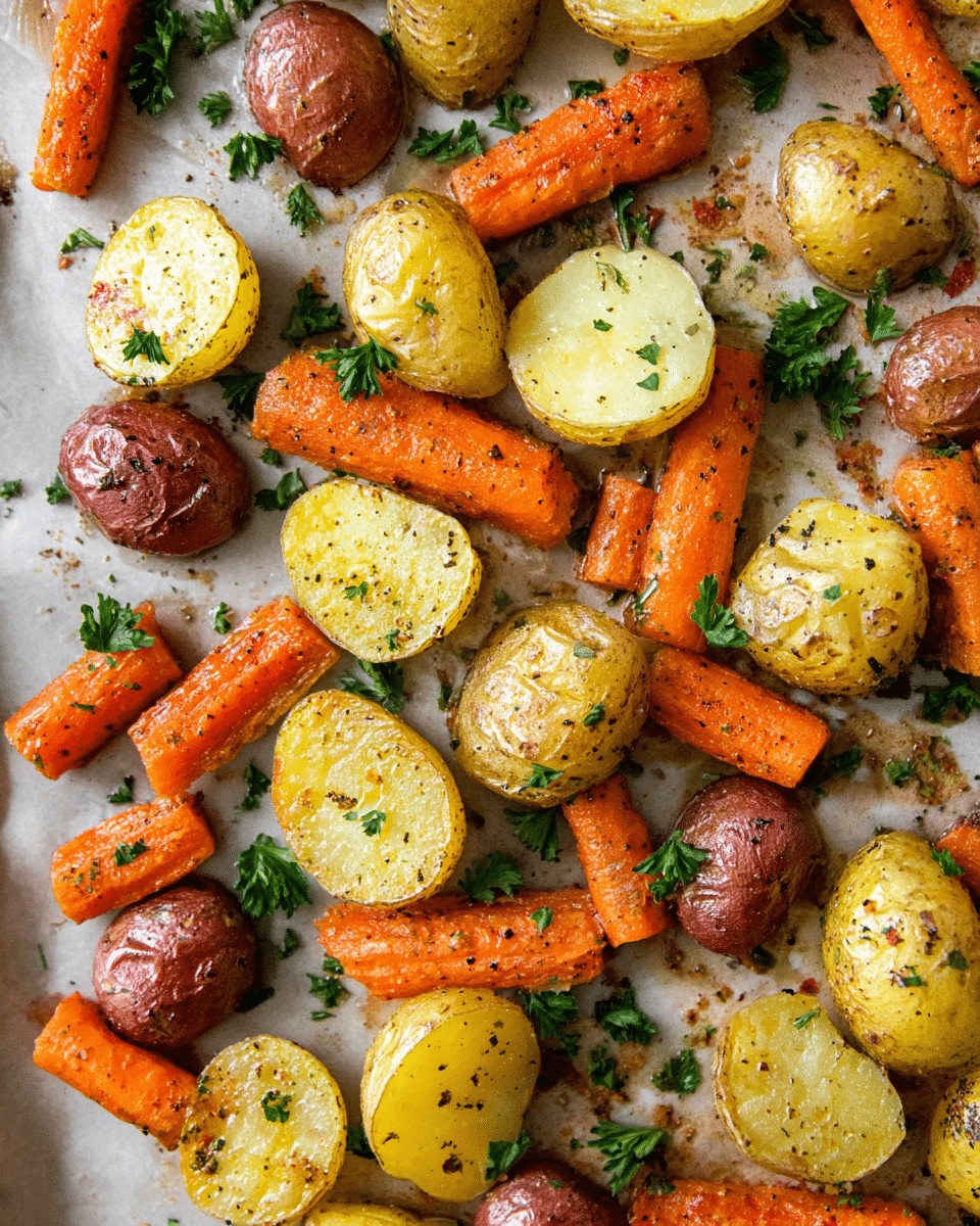 The image shows a top view of roasted vegetables spread on a white marbled surface. There are multiple layers of halved yellow potatoes with light crispy edges and soft centers, whole small red potatoes with a slightly charred skin, and orange carrot pieces cut into chunks and smaller tapered shapes. The vegetables have a light coating of seasoning with visible black pepper and bits of herbs, mainly green parsley leaves scattered evenly across the surface, adding fresh green accents. The overall color palette is warm with golden yellow, bright orange, reddish-brown, and touches of green on a neutral white marbled background. Photo taken with an iphone --ar 4:5 --v 7
