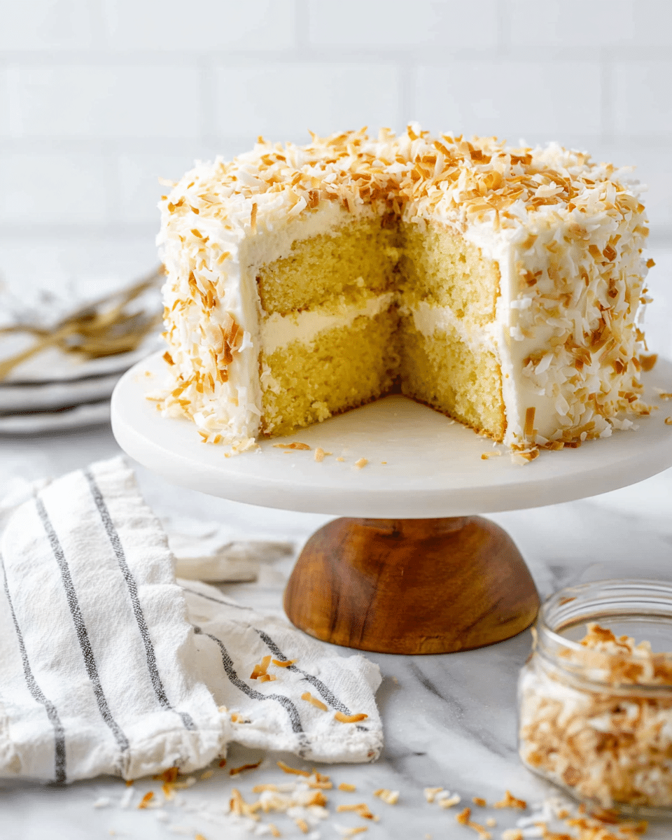 The image shows a two-layer yellow cake on a white cake stand with a wooden base, placed on a white marbled surface. The cake is frosted with creamy white icing and covered with toasted shredded coconut, giving a textured and slightly crispy outer layer. One large slice is removed, revealing the moist yellow cake inside with a thick layer of the same creamy frosting between the two cake layers. Some toasted coconut flakes are scattered around the base of the cake and on the white marbled surface. A small glass jar with more toasted coconut sits in the foreground next to a folded white cloth with thin black stripes. The background is bright and clean with a white marbled texture photo taken with an iphone --ar 4:5 --v 7