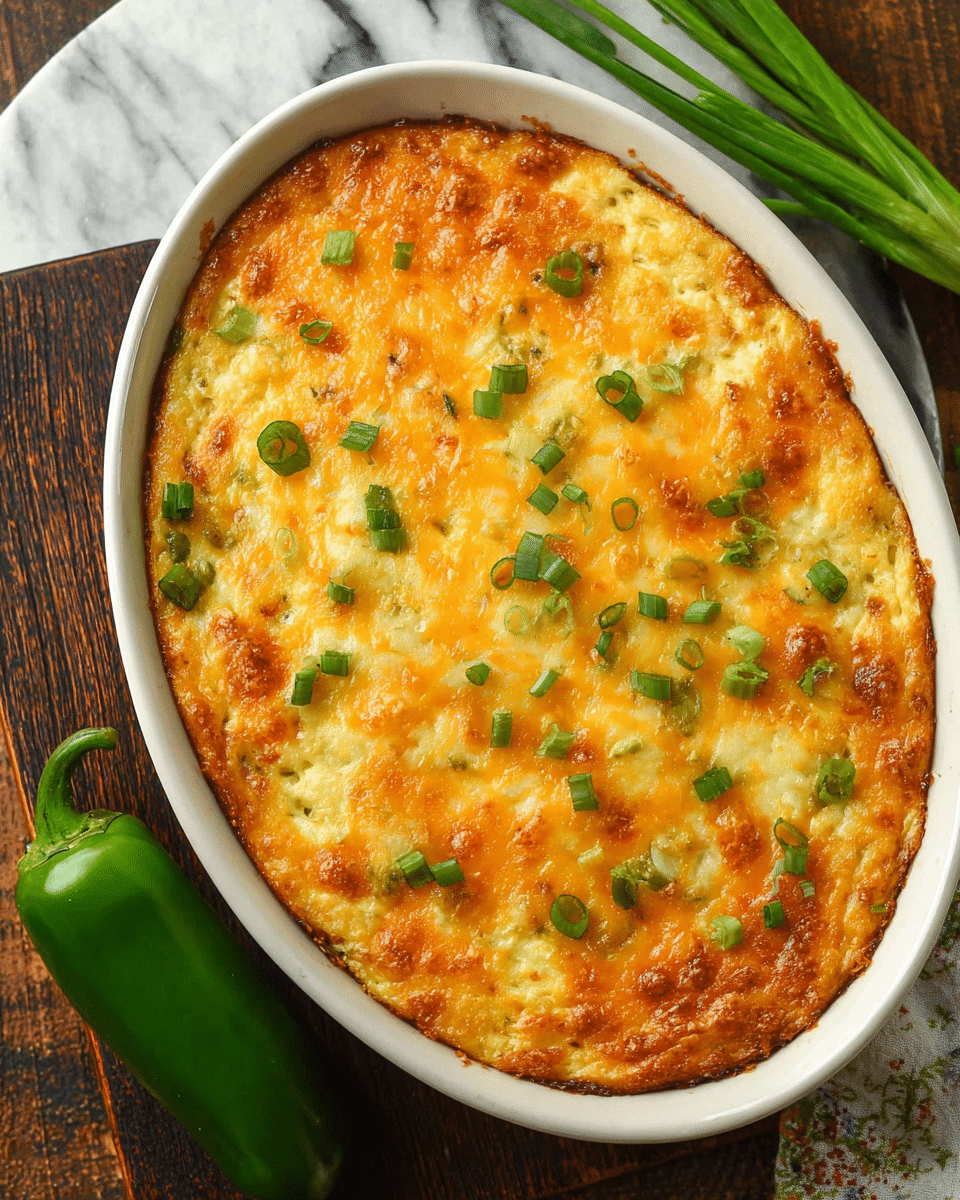 The image shows a white oval baking dish filled with a single-layer cheesy baked casserole. The top layer is golden brown melted cheese with some slightly darker browned spots and scattered bright green chopped scallions. The surface of the casserole looks soft and slightly bubbly with a textured appearance from the cheese and small bits peeking through. The dish sits on a dark wooden surface with a white marbled background, with a green jalapeño and green onions beside it. Photo taken with an iphone --ar 4:5 --v 7