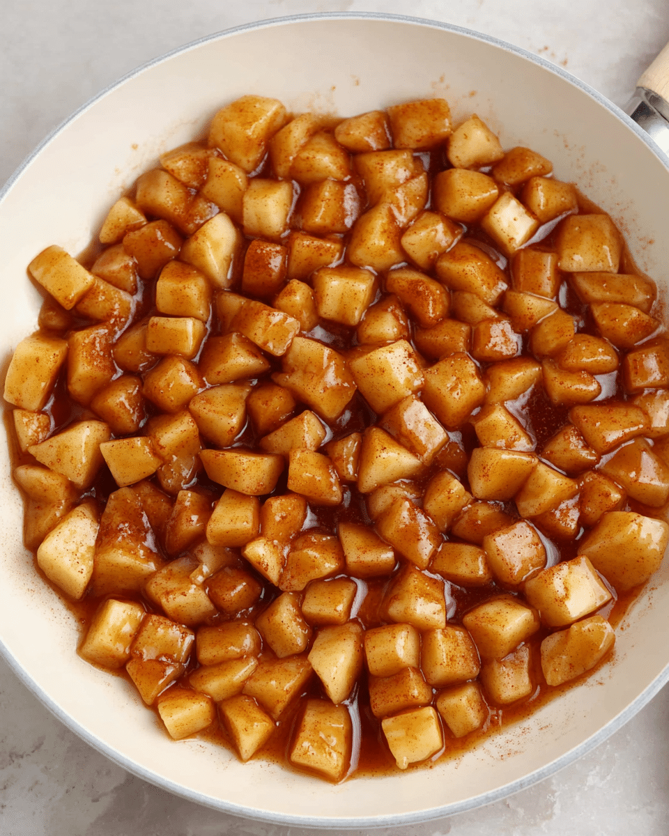 The image shows a white pan filled with small, evenly cut cubes of cooked apples coated in a shiny, light brown syrup with specks of cinnamon evenly spread on top. The apple pieces look soft and glossy, and the syrup pools slightly at the bottom, giving a warm, sweet appearance. The pan sits on a white marbled textured surface. photo taken with an iphone --ar 4:5 --v 7