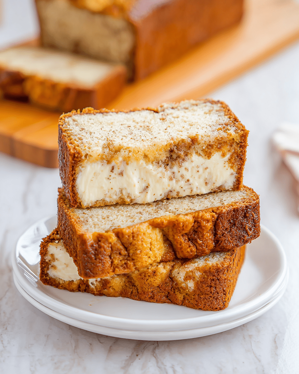 The image shows a white plate with three slices of a loaf cake stacked on top of each other. The cake has three visible layers: the outer layer is a golden-brown crust with a slightly bumpy texture, the middle layer is a light beige cake with small brown specks, and the inner layer is a creamy white filling with a smooth texture. The top slice is turned to show the creamy filling clearly in the center. The plate is placed on a white marbled surface. In the background, there is a blurred loaf of the same cake placed on a wooden board. Photo taken with an iphone --ar 4:5 --v 7