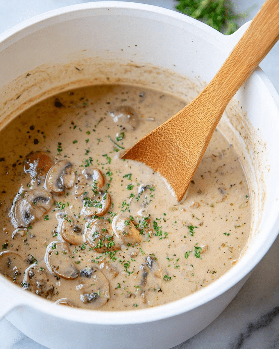 The image shows a white pot filled with creamy mushroom soup, light beige in color with visible slices of cooked mushrooms floating on top. Specks of chopped green herbs are sprinkled across the surface, adding a fresh touch. A wooden spoon is resting inside the pot, partially submerged in the soup with a smooth texture. The pot is placed on a white marbled surface with hints of green herbs blurred in the background. Photo taken with an iphone --ar 4:5 --v 7
