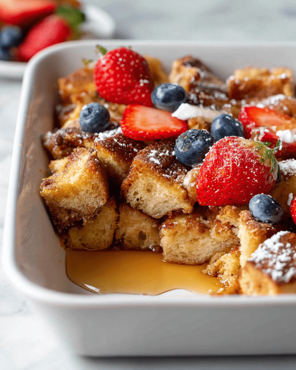The image shows a white rectangular baking dish filled with golden-brown bread pudding cubes stacked in two layers. The top layer has a crumbly, slightly crispy texture with a sprinkle of powdered sugar. Fresh strawberries and blueberries are scattered over the bread pudding, adding red and blue color contrast. A drizzle of syrup pools in the bottom of the dish, enhancing the moist look of the dish. The dish is placed on a white marbled surface. Photo taken with an iphone --ar 4:5 --v 7
