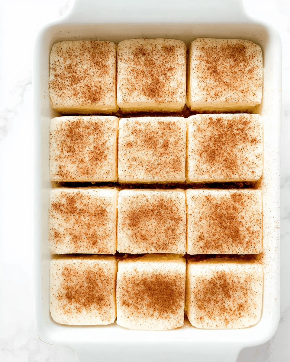 The image shows a white rectangular baking dish filled with twelve equal square pieces of a dessert, arranged in a 4 by 3 grid. Each piece has a smooth, creamy white top layer sprinkled evenly with light brown cinnamon powder. The squares sit closely together with slight gaps between them, showing a hint of a darker layer beneath. The sides of the dish have clean edges and the whole scene is set on a white marbled surface. photo taken with an iphone --ar 4:5 --v 7