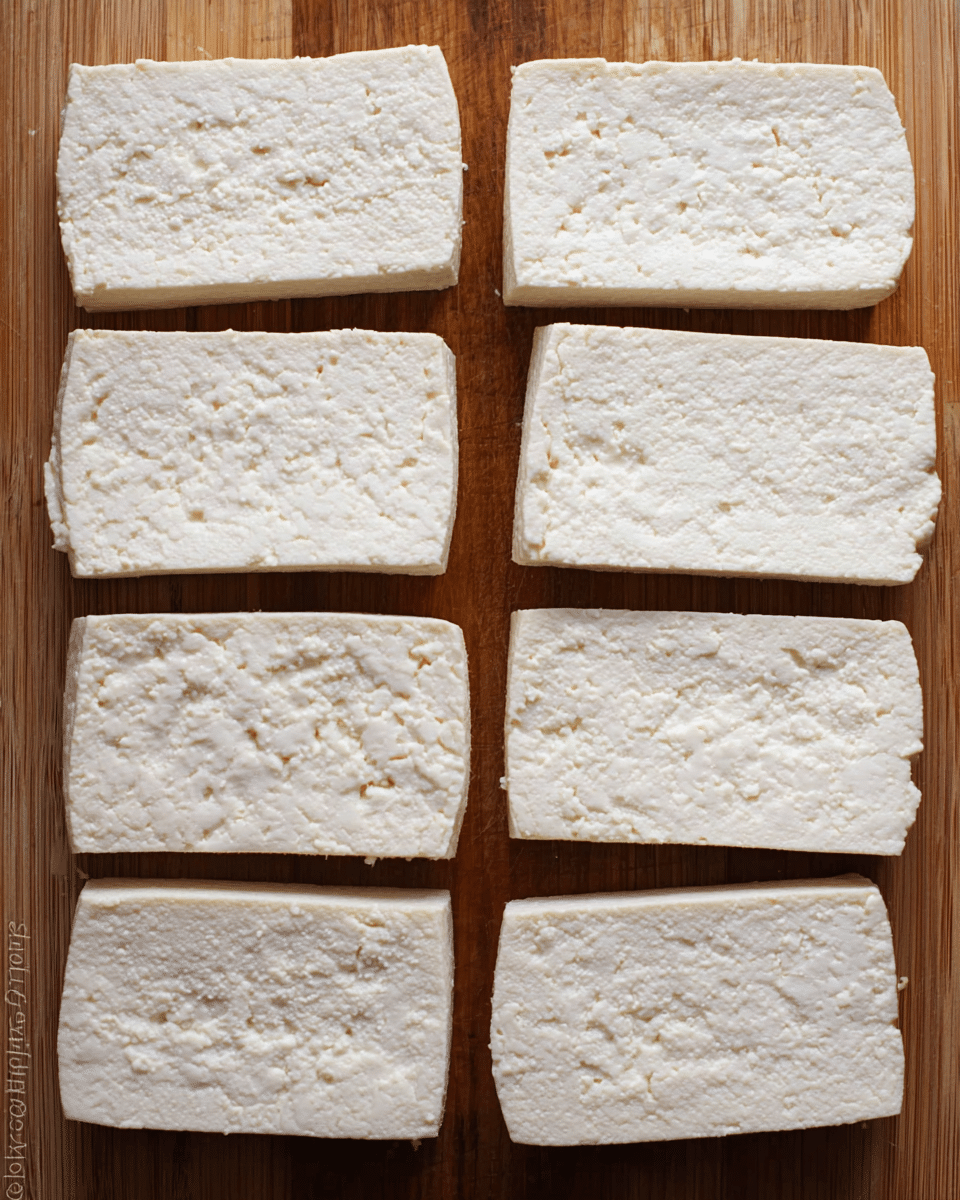 The image shows eight rectangular slices of tofu arranged in two neat rows of four on a wooden cutting board. Each tofu slice is pale white with a slightly rough and porous texture that has small air holes, giving it a soft and crumbly appearance. The slices vary slightly in size and shape but maintain a uniform thickness, and the edges are clean but not perfectly smooth. The wooden board underneath has a warm brown color and visible grain patterns, contrasting with the tofu's lighter color photo taken with an iphone --ar 4:5 --v 7