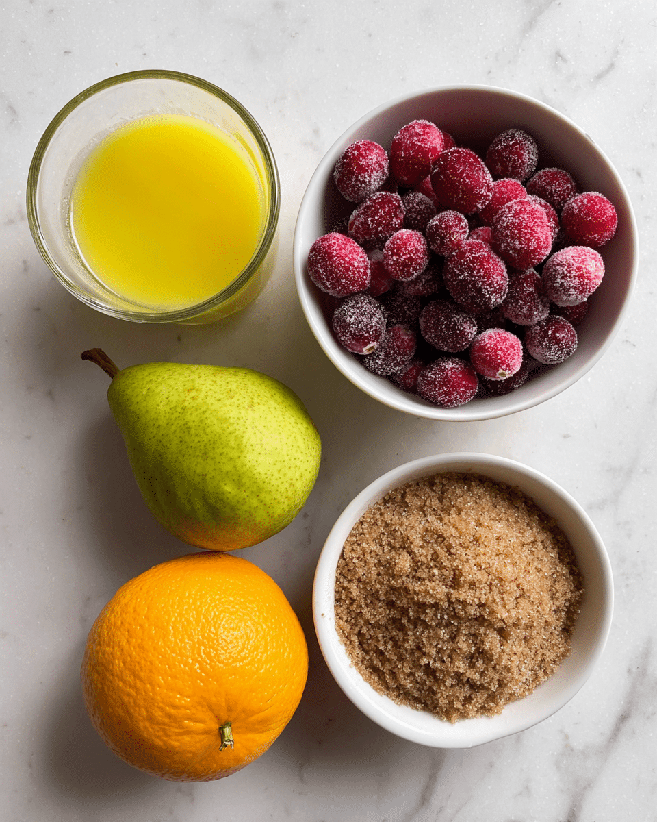 The image shows five cooking ingredients arranged on a white marbled surface. On the top left is a clear glass measuring cup filled about halfway with bright yellow juice. To the right of the juice is a white bowl full of frozen red cranberries with frosty texture. Below the juice is a fresh green pear with a small brown stem, and below the pear is a whole orange with a bright textured skin. To the right of the orange is a white bowl filled with coarse brown sugar, showing rough granules. photo taken with an iphone --ar 4:5 --v 7