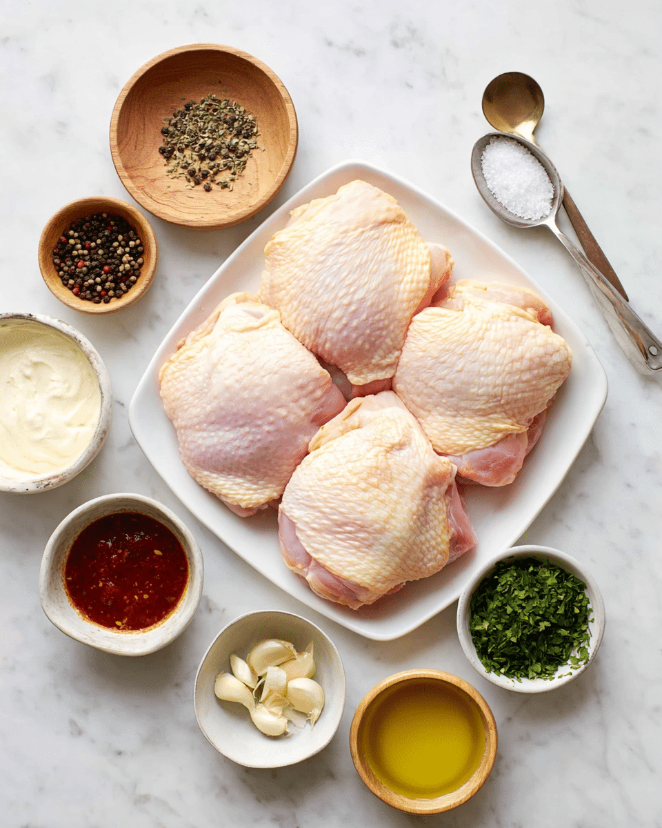 The image shows four pale pink raw chicken thighs with skin on, arranged close together on a white rectangular plate in the center of a white marbled surface. Around this plate, there are several small white and wooden bowls and metal cups with different ingredients: finely chopped green herbs in a white bowl at the bottom right, a dark reddish sauce in a white bowl at the bottom left, small pieces of chopped garlic in a wooden bowl near the bottom left side, whole black peppercorns in a wooden bowl at the top left, coarse salt in a wooden bowl at the top right with a small wooden spoon, a metal cup of creamy white sauce at the upper right, a metal measuring spoon with light yellow lemon juice on the left, and a metal cup with golden olive oil at the bottom center. The composition is neat and evenly spaced. Photo taken with an iphone --ar 4:5 --v 7
