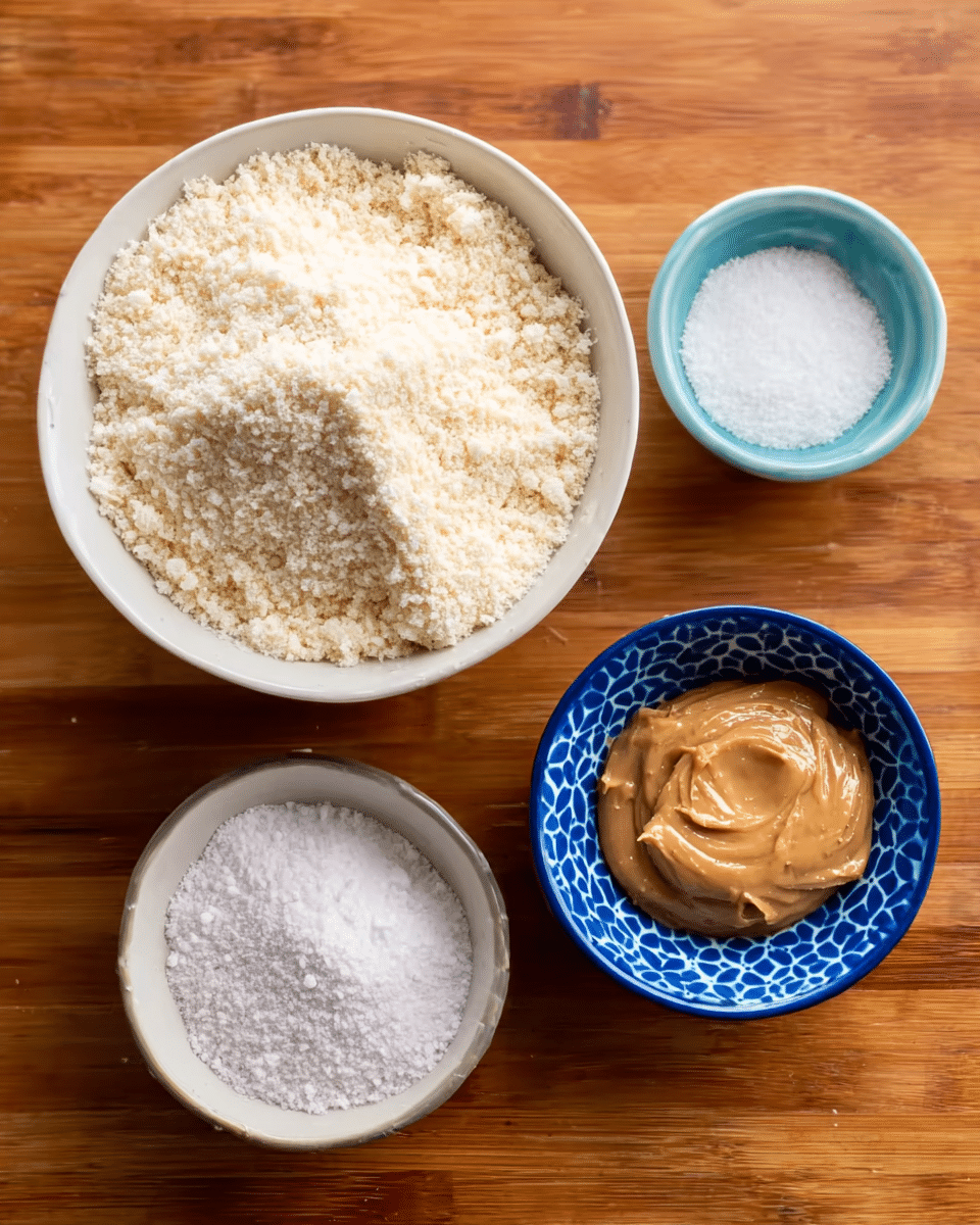 The image shows four small bowls placed on a wooden surface. The biggest bowl is white and filled with a light, crumbly white powder, likely almond flour. Above it, a small white bowl contains a fine white powder, possibly salt. To the left, a small white bowl holds another fine white powder, which could be baking soda or baking powder. On the right, a small blue patterned bowl contains a smooth, light brown paste, which looks like peanut butter. The bowls are arranged close to each other, and the bright colors of the bowls contrast with the white powders and peanut butter inside. photo taken with an iphone --ar 4:5 --v 7