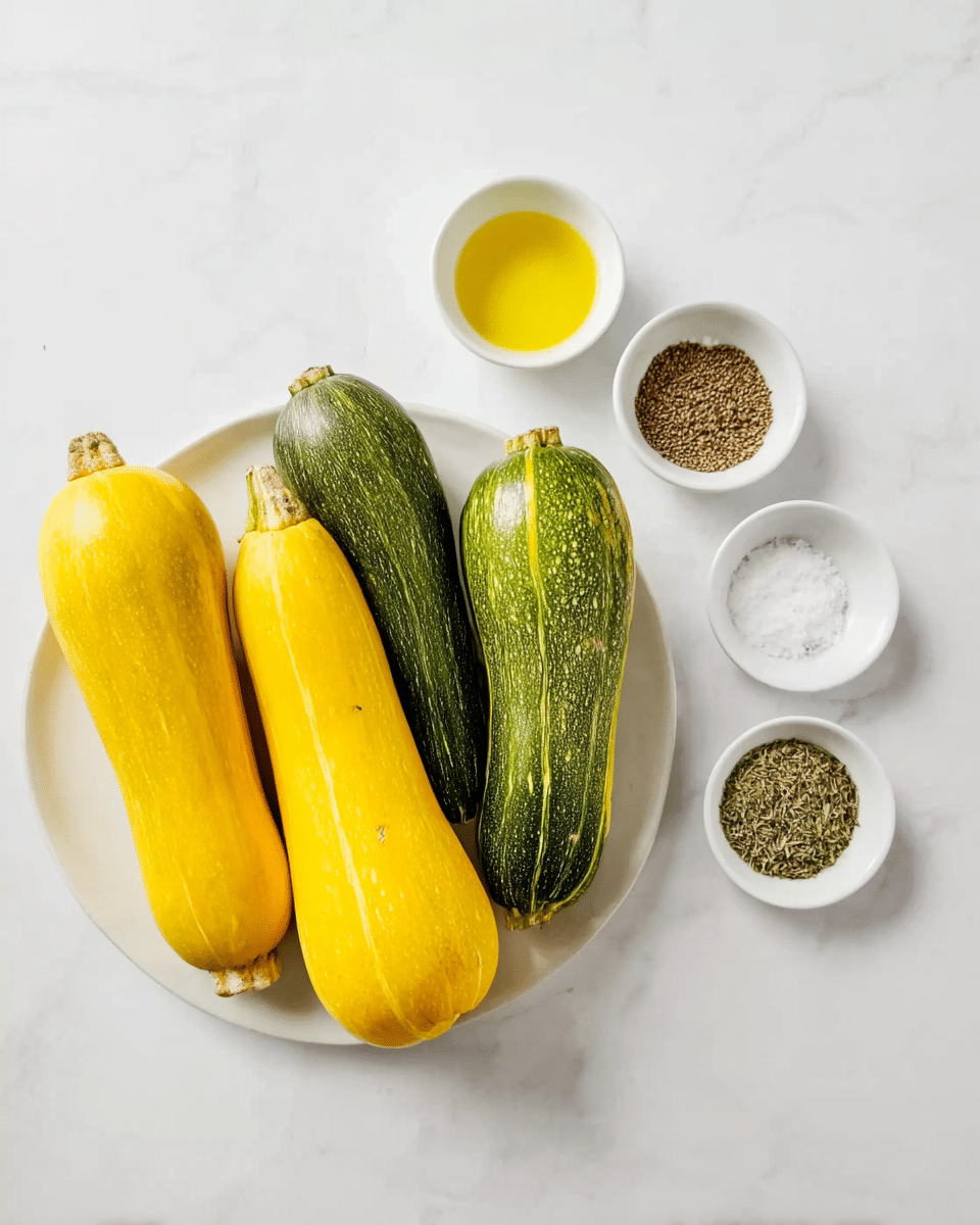 The image shows four whole squash on a white plate, two yellow and two green, arranged side by side. Surrounding the plate on a white marbled surface are four small white bowls: one with yellow oil, one with black pepper, one with coarse white salt, and one with dried herbs. The scene is bright and clean with a simple, fresh look. Photo taken with an iphone --ar 4:5 --v 7