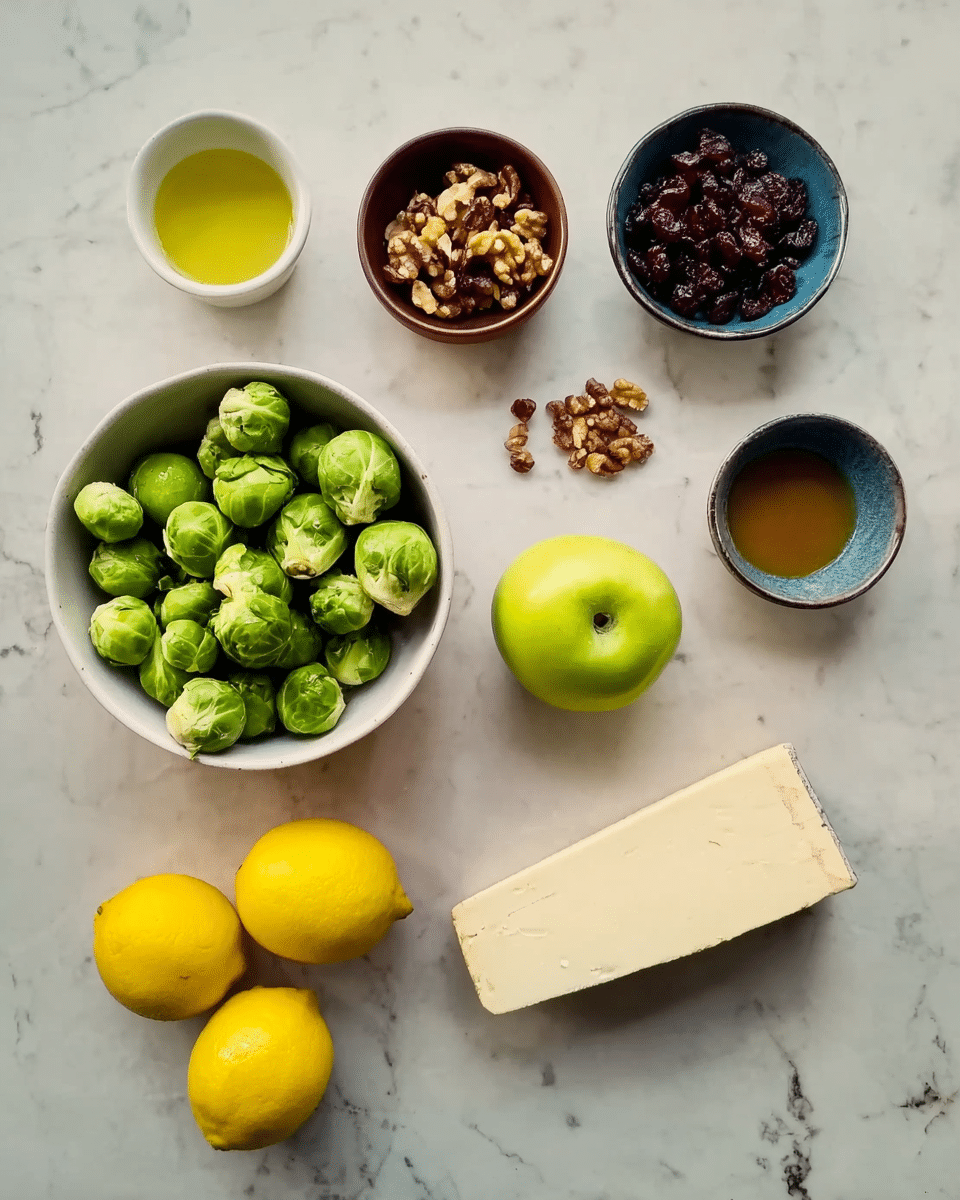 The image shows ingredients arranged neatly on a white marbled surface. In the bottom left is a white bowl filled with fresh green Brussels sprouts, and next to it on the right is a single green apple. Above the bowl, there is a small brown bowl with a mix of nuts, and beside it, a small blue bowl holds dark red dried cranberries. Toward the top center, there are two small white bowls; one contains olive oil with a light yellow color, and the other has honey with a golden color. To the right of these bowls, there is a cheese wedge with a white top and a gray bottom. Between the bowls and cheese wedge, two whole yellow lemons rest side by side. The photo taken with an iphone --ar 4:5 --v 7
