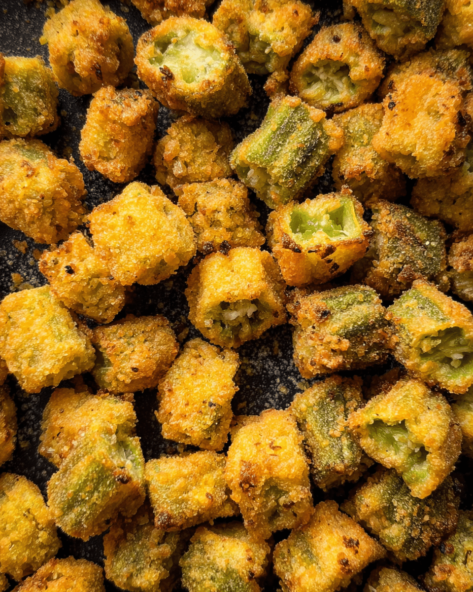 A close-up view of many small, deep-fried pieces of okra, each coated in a golden, crispy batter. The okra pieces show bright green centers surrounded by a crunchy, textured yellow coating with some browned spots from frying. They are piled closely together on a dark surface with a slightly rough texture, creating a dense cluster of crunchy bites. photo taken with an iphone --ar 4:5 --v 7