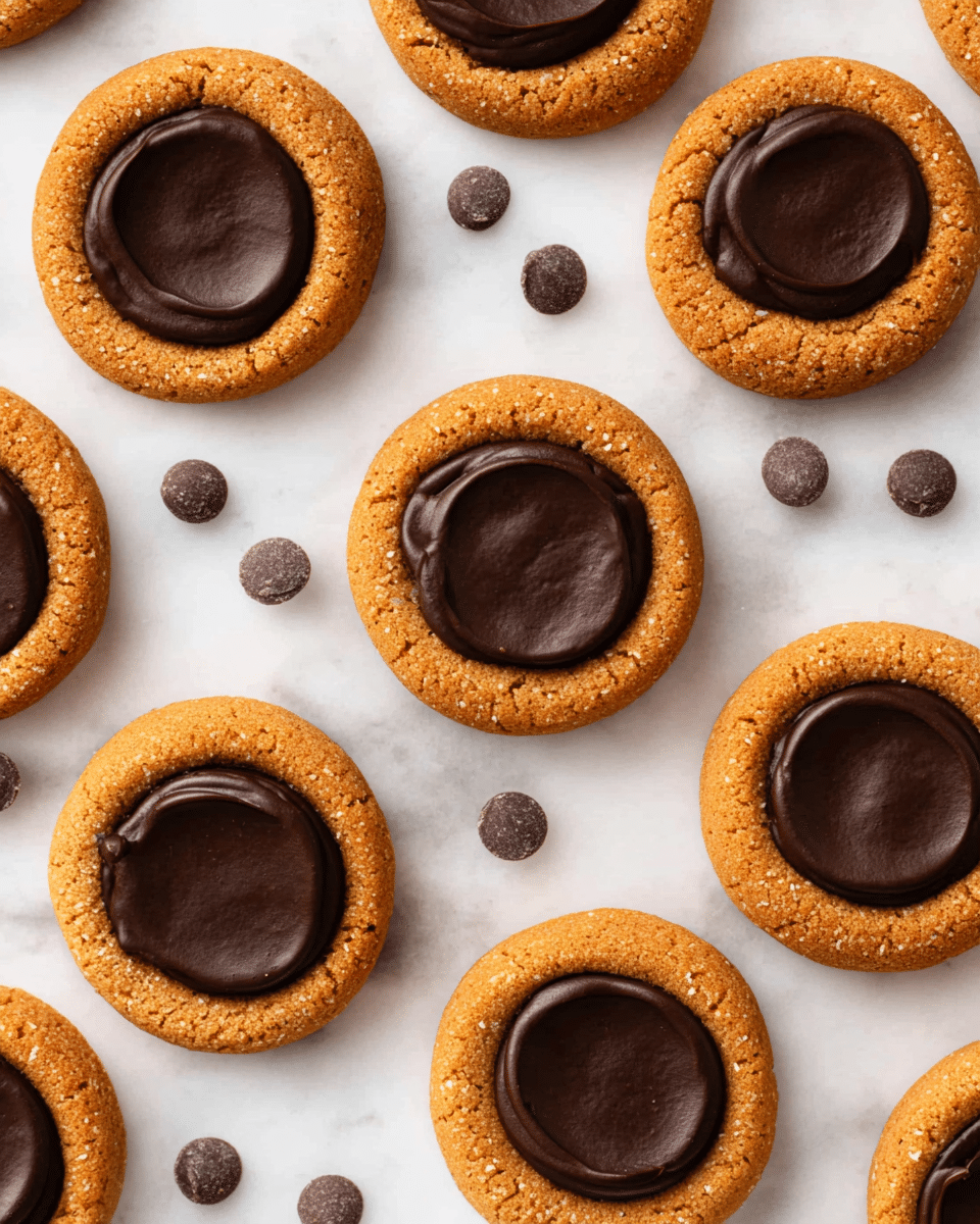 The image shows multiple round cookies arranged on a white marbled surface, each cookie having two layers; the outer layer is a golden brown with a slightly rough texture forming a thick border, and the inner layer is a smooth, dark chocolate filling that is glossy and slightly wrinkled on top. Scattered around the cookies are small, round, dark chocolate chips placed randomly on the surface, adding variation and contrast. The cookies and chocolate chips are evenly spaced, creating a clean and neat layout. Photo taken with an iphone --ar 4:5 --v 7
