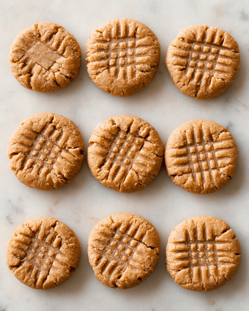 The image shows nine round peanut butter cookies on a white marbled surface, arranged in three rows and three columns. Each cookie has a light golden brown color with a slightly crumbly texture and a grid pattern pressed onto its top, made by pressing with a fork. Some cookies have small cracks at the edges, adding to their homemade look. The cookies are spaced evenly apart with a soft matte finish, showing no other items or decorations around them. photo taken with an iphone --ar 4:5 --v 7
