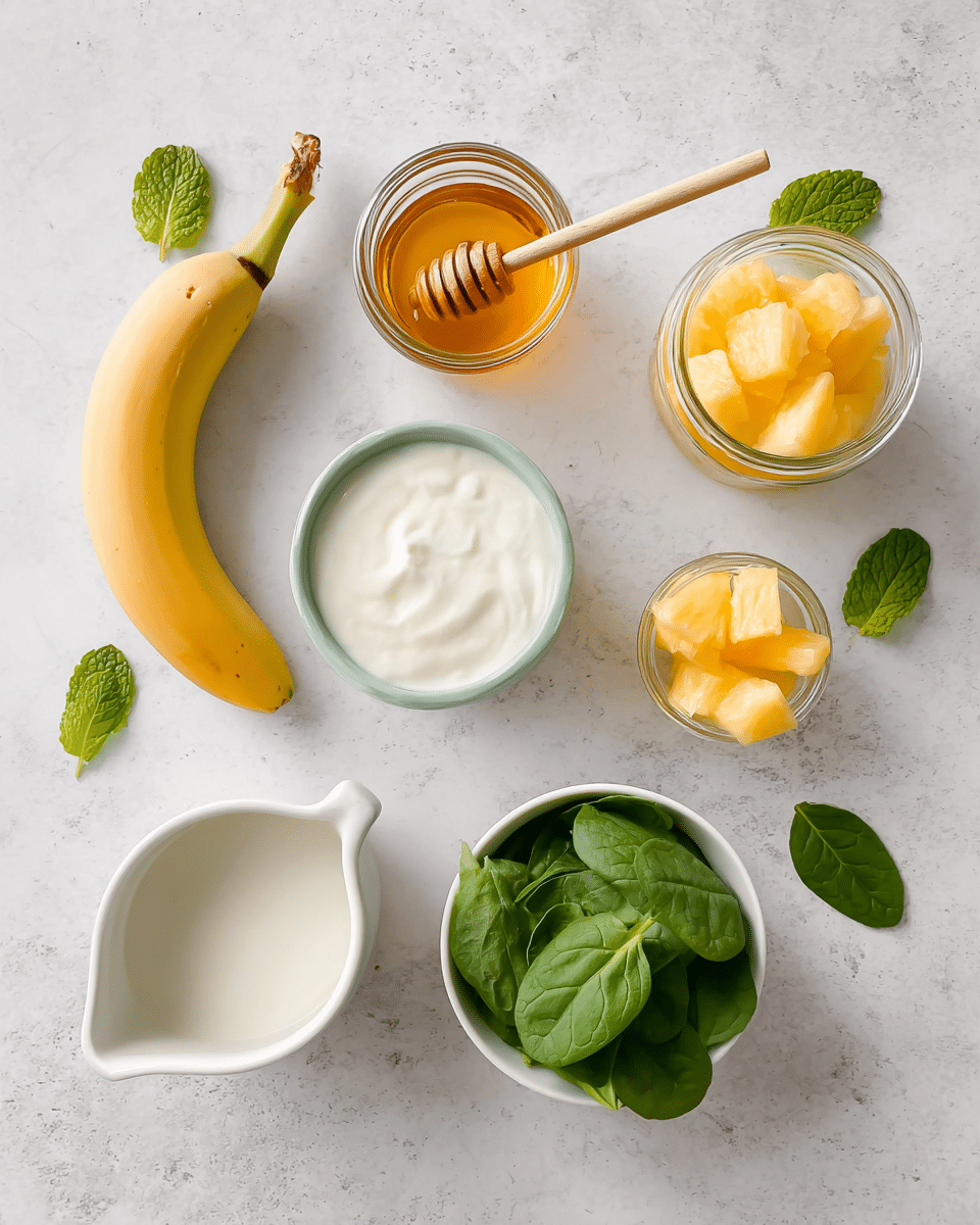 The image shows seven separate items arranged on a white marbled surface: a peeled banana with slits lying on the bottom left, a small white pitcher filled with thick white yogurt in the center bottom, a small white cup filled with fresh green spinach leaves on the right bottom, a small glass jar holding orange fruit chunks near the left center, a small glass jar with yellow pineapple pieces near the top right, a white bowl with golden honey and a wooden honey dipper inside placed in the top center, and five fresh mint leaves scattered near the top left. The items are spaced evenly and displayed clearly. photo taken with an iphone --ar 4:5 --v 7