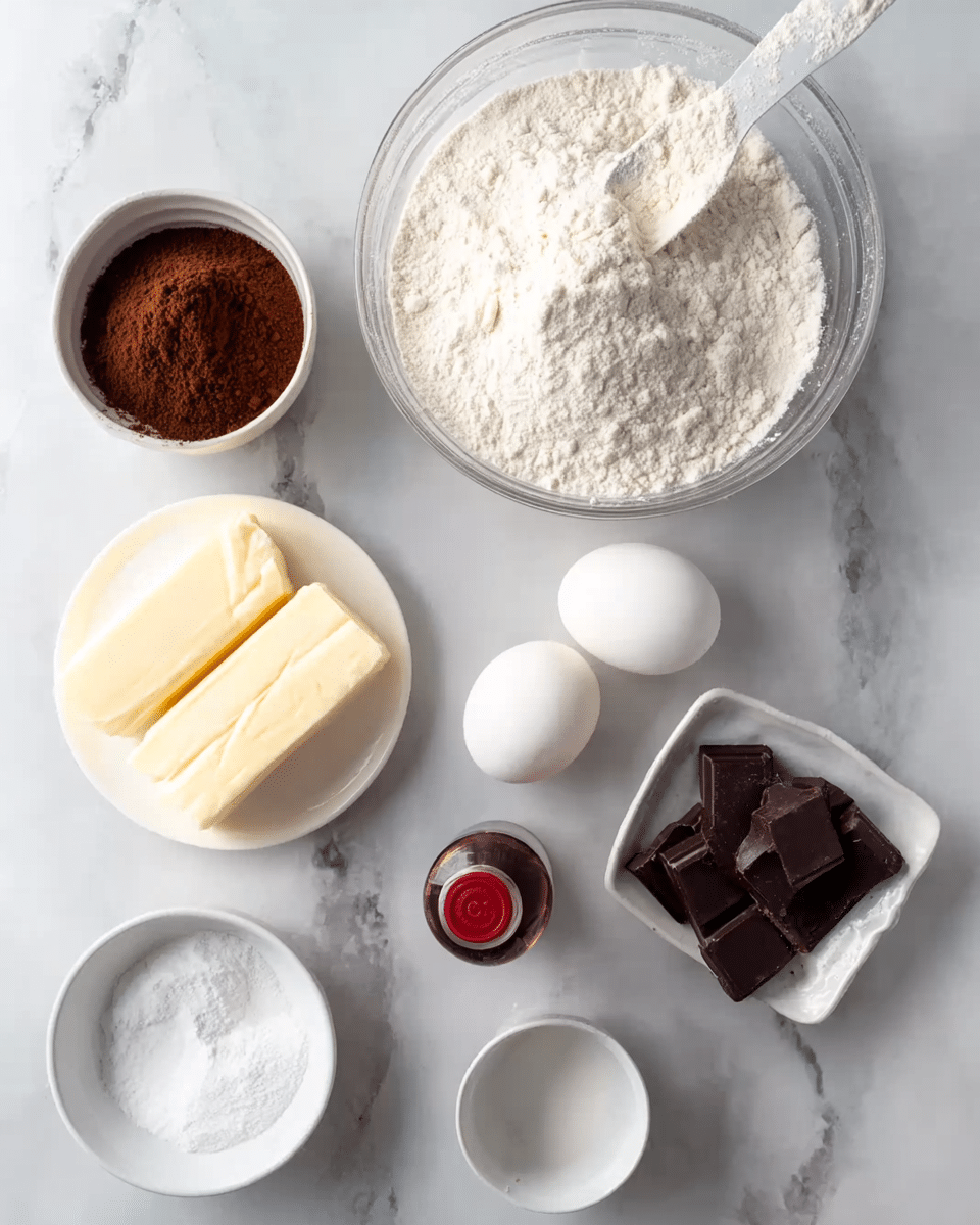 The image shows several baking ingredients placed separately on a white marbled surface. There is a large clear glass bowl filled with white flour with a scoop inside, positioned on the right side. To its left, there is a small white bowl filled with brown cocoa powder, and below that, a white plate holding two sticks of pale yellow butter. In the middle, two white eggs sit next to a small empty white cup. At the bottom, a white bowl full of white sugar and a small white dish with several dark chocolate pieces are arranged. A roll of parchment paper with purple and white wrapping is placed near the top center. Photo taken with an iphone --ar 4:5 --v 7