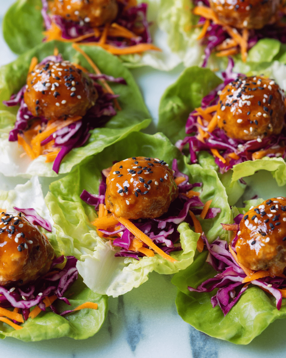 The image shows several lettuce cups arranged closely on a white marbled surface. Each cup has three layers: at the base is a fresh, light green lettuce leaf with gentle folds, followed by a layer of shredded purple cabbage and thin orange carrot strips in the middle, adding a crunchy texture and bright color contrast. On the top sits a round, golden-brown meatball glazed with a shiny, orange sauce and sprinkled with black and white sesame seeds. The colors are vibrant, with the green lettuce, purple cabbage, orange carrot, and glossy sauce creating an inviting mix. Photo taken with an iphone --ar 4:5 --v 7