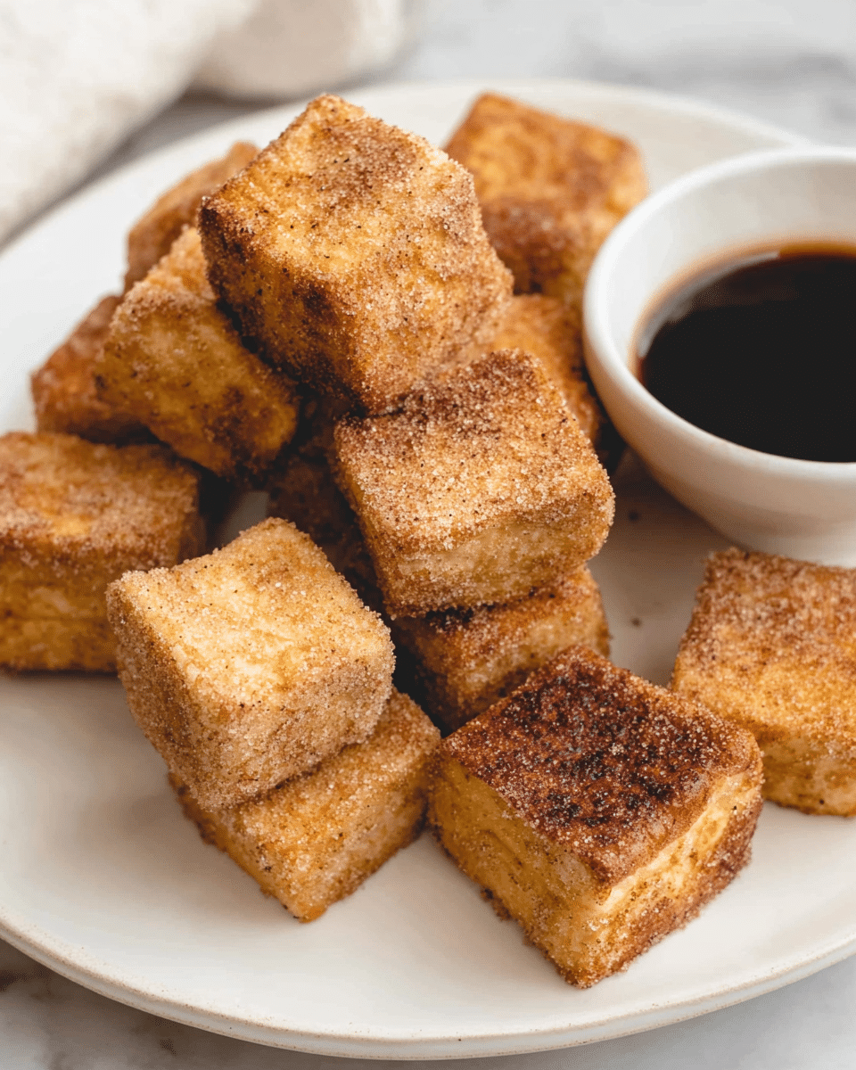 The image shows several small square pieces of fried bread with a golden brown color and a sugar-like coating on the outside. The cubes have a slightly rough texture with some darker brown spots showing they are well cooked. They are stacked on a white plate, and next to the plate is a white, round dish filled with a dark syrup or sauce. The setting is on a white marbled surface, giving a clean and bright look to the arrangement. photo taken with an iphone --ar 4:5 --v 7